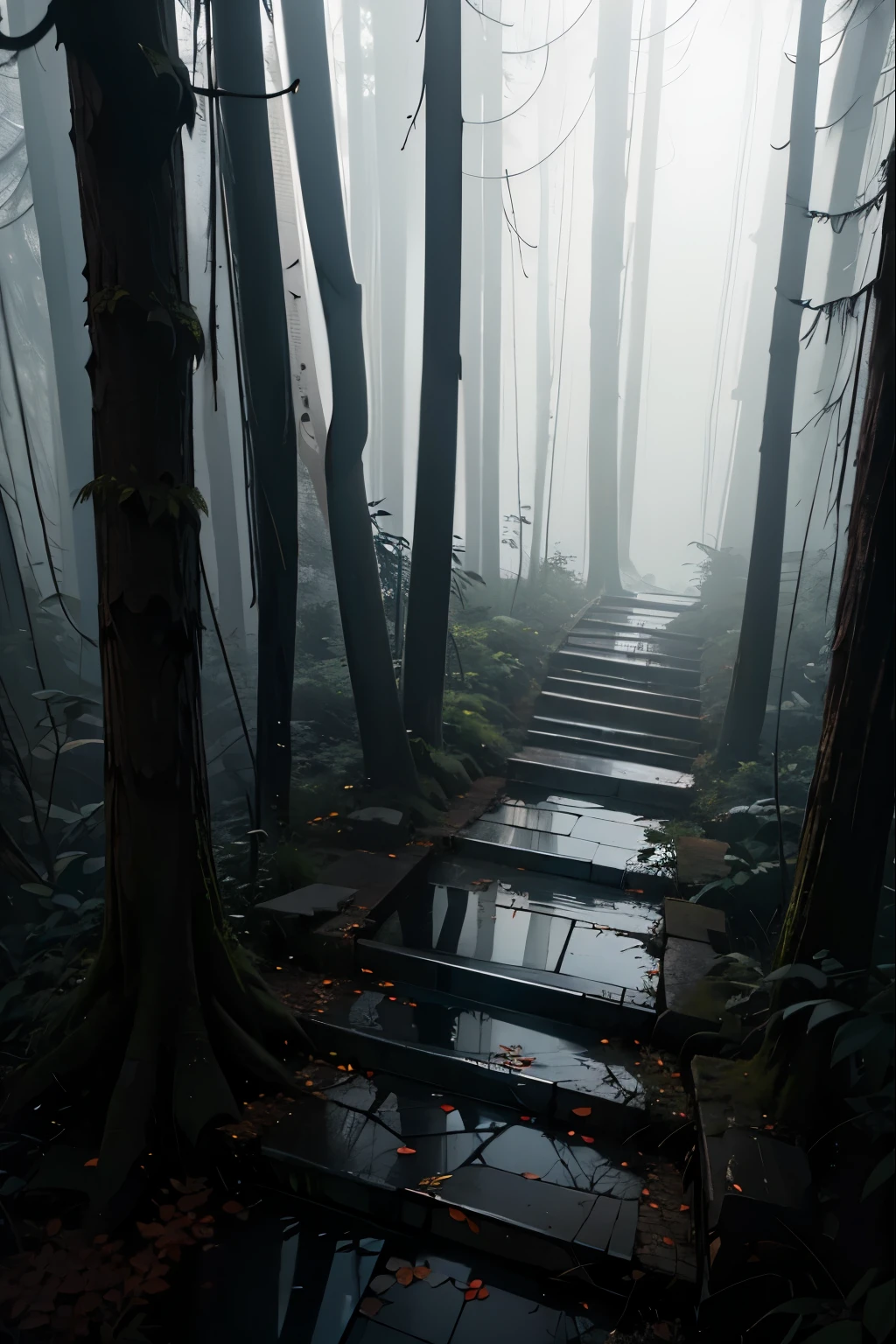 stairs leading up,cracked tiles,month ,Bottom-up view,Gloomy forest,fog,horror