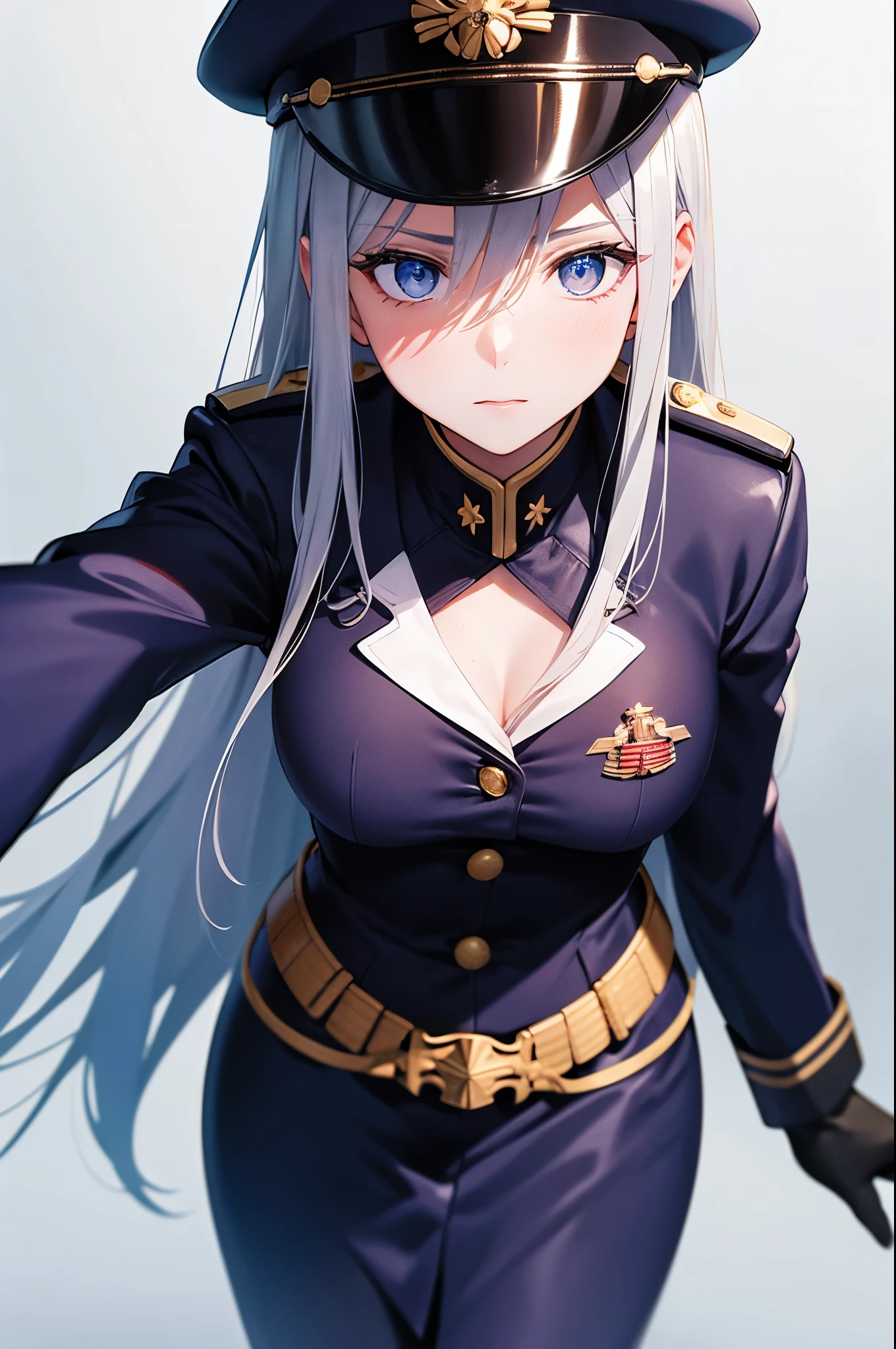 ((above-chest-view)), (fisheye:1.1), [face-close-up], focus on face, eye-level, ([anime | realistic] style), ((CG)), (vladilena milize points gun aiming at you:1.3)), solo character, long hair, grey hair, grey and sliver eyes, beautiful eyes, blue headwear, blue jacket, blue skirt, hat, jacket, military, military hat, military uniform, peaked cap, in the war fire, cinematic lighting, ray tracing, (face detail), ,(lens flare:0.8), ((masterpiece)), ((super detail)), (high details), (high quality), best quality, textured skin, accurate