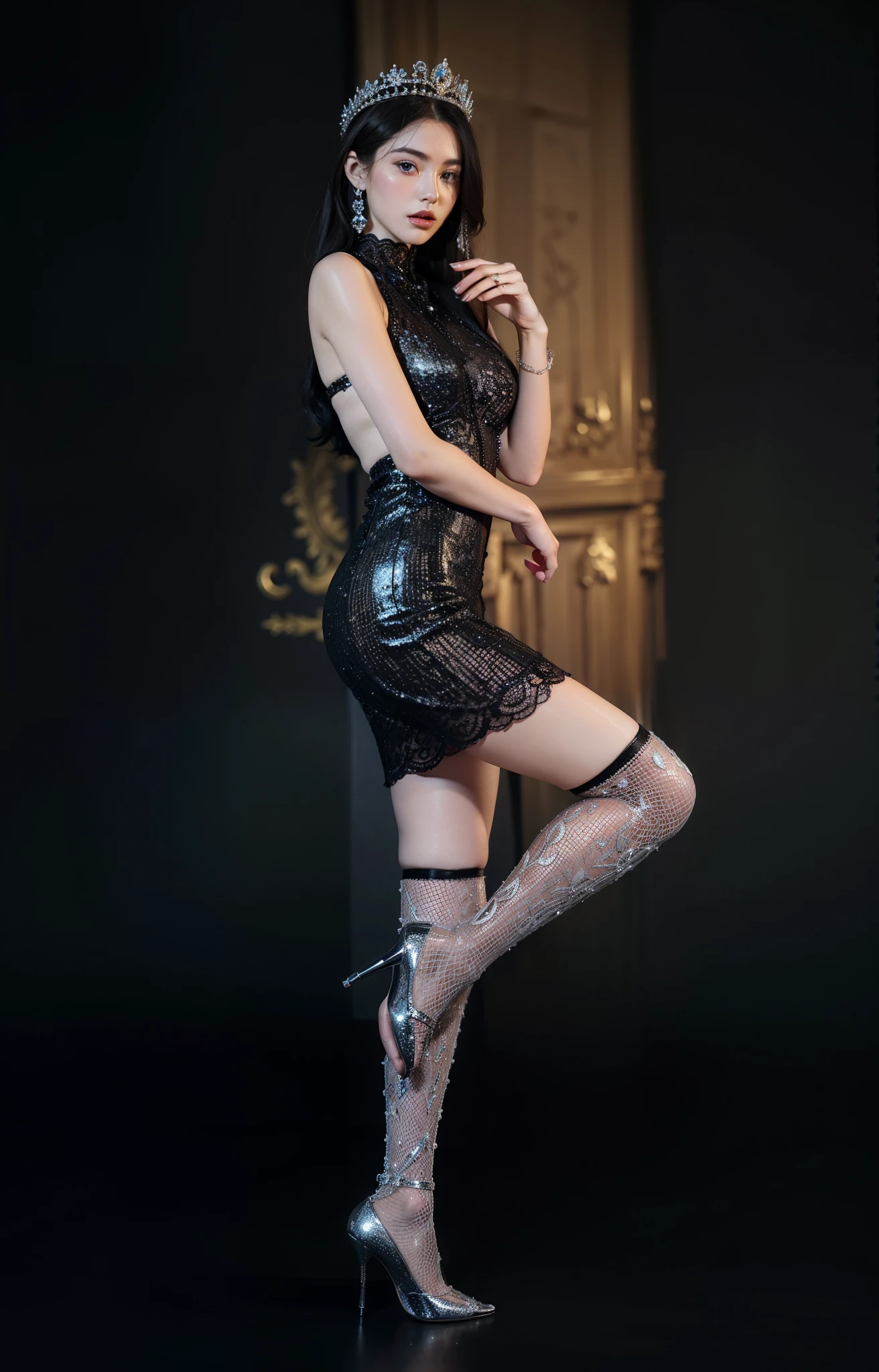 Royal sister,exquisite eyes,ice queen,put the crown on your head,Detailed facial expressions body,tall figure,Gorgeous,Leg length,4k,HD,Sensual,translucent lace,白皙plump figure,pretty face,Little cherry mouth,beautiful and delicious(3D royal sister),plump figure,gloss gel coat,Queen in luxurious dress,Crystal Gem Crown,silver high heels,normal hand,Lift one leg