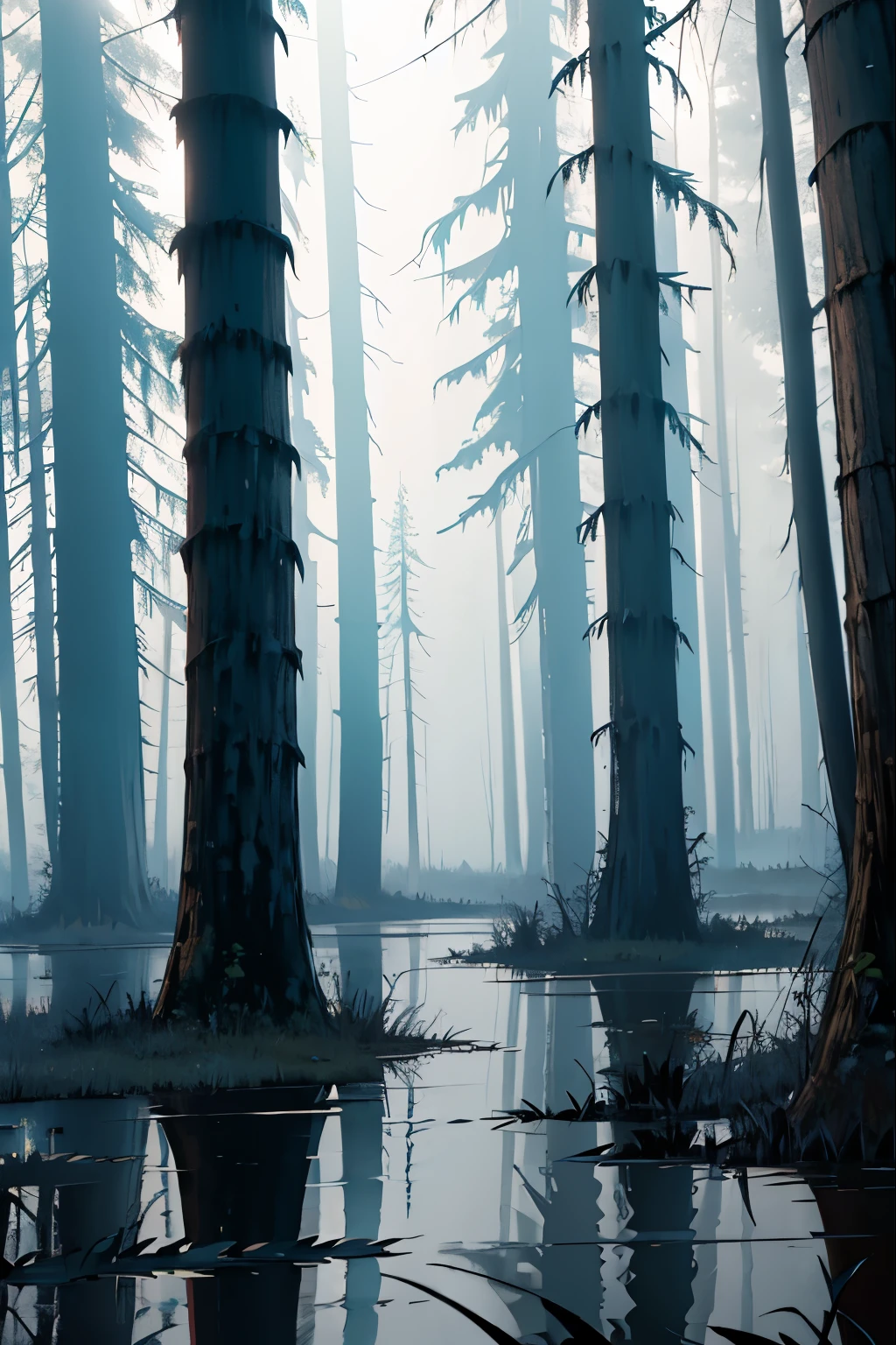 Poisonous bubbling swamp,covered with mud,fish skeletons,gloomy atmosphere,twilight,crooked trees around,fog,horror.