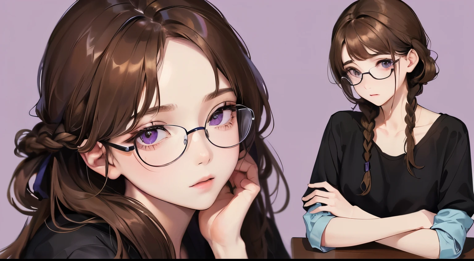 (((one girl)))、((View from the front))、Masterpiece,best quality,  ((arms folded))), determined expression, Glasses、((No expression))、black shirt、upper body diagram
(highest resolution、clear_image)、best quality、contrast of light and shadow、((illumination))、very detailed、semi-realistic、braided hairstyle、brown hair、bangs、25 years old、office　Lady,,young、((purple background))、delicate facial features facial features、