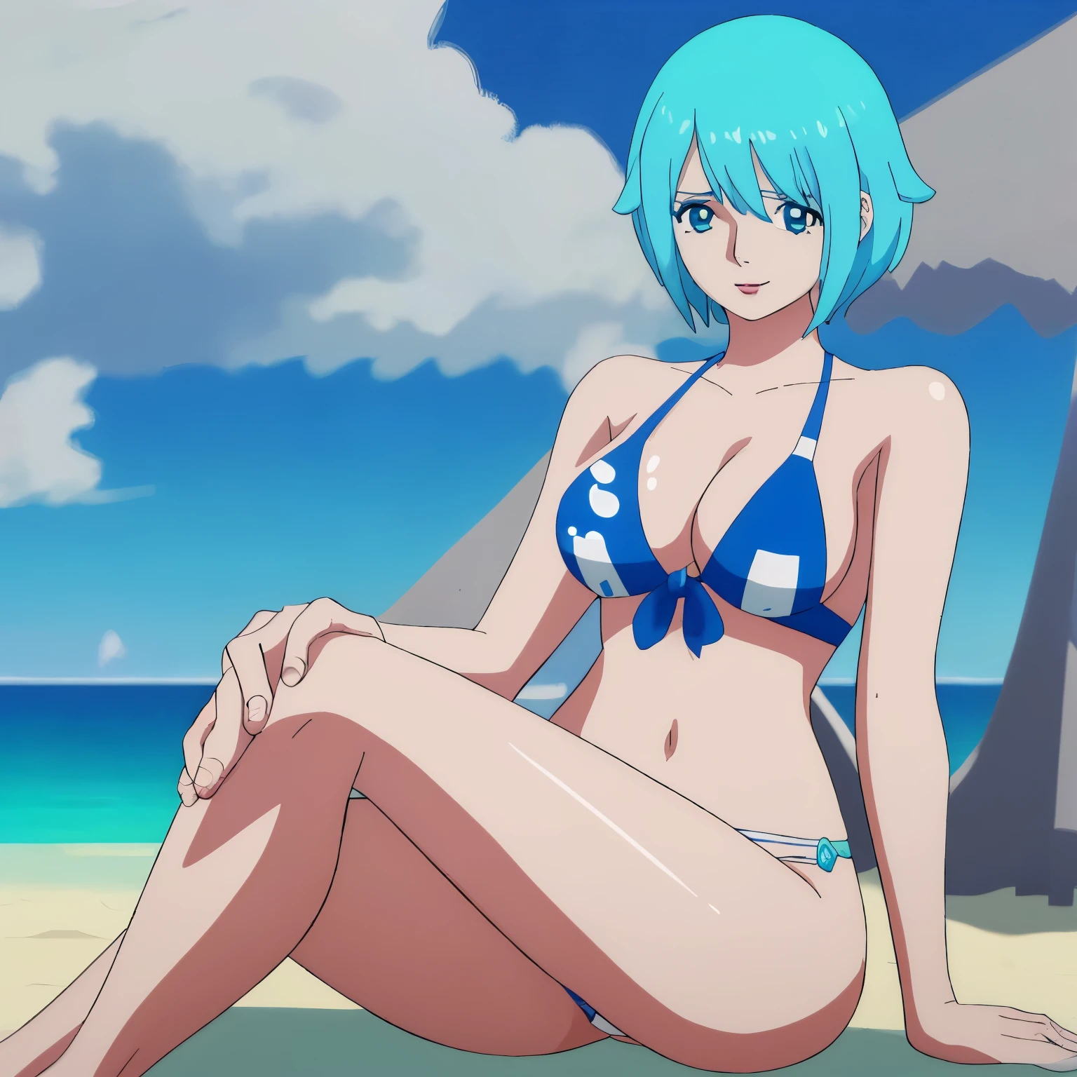 Mature girl with cyan and white hair on a beach