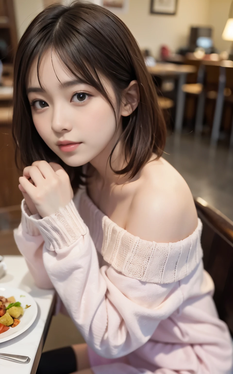 Cute Japanese 21 years old、drink coffee at a cafe、nice cafe、face is very thin、 (sweater dress(white theme、(very bright pale pink)、高品質カシミアsweater dress、(fluffy fabric)、(very tight)、off shoulder):1.3)、
BREAKSuper fine color、Attention to detail、double eyelid、beautiful and thin nose、sharp focus:1.2、beautiful woman:1.4、(light brown hair、short hair、)、pure white skin、highest quality、masterpiece、ultra high resolution、 (Photoreal:1.4)、Highly detailed and professional writing、nice smile、Please show me your whole body、Show your whole body、Arafe woman sitting at a table with a plate of food and coffee、cute young woman、gorgeous young korean woman、cute young woman、beautiful young korean woman、cute - detailed - face、girl portrait、young and cute girl、Young Asian woman、young asian girl