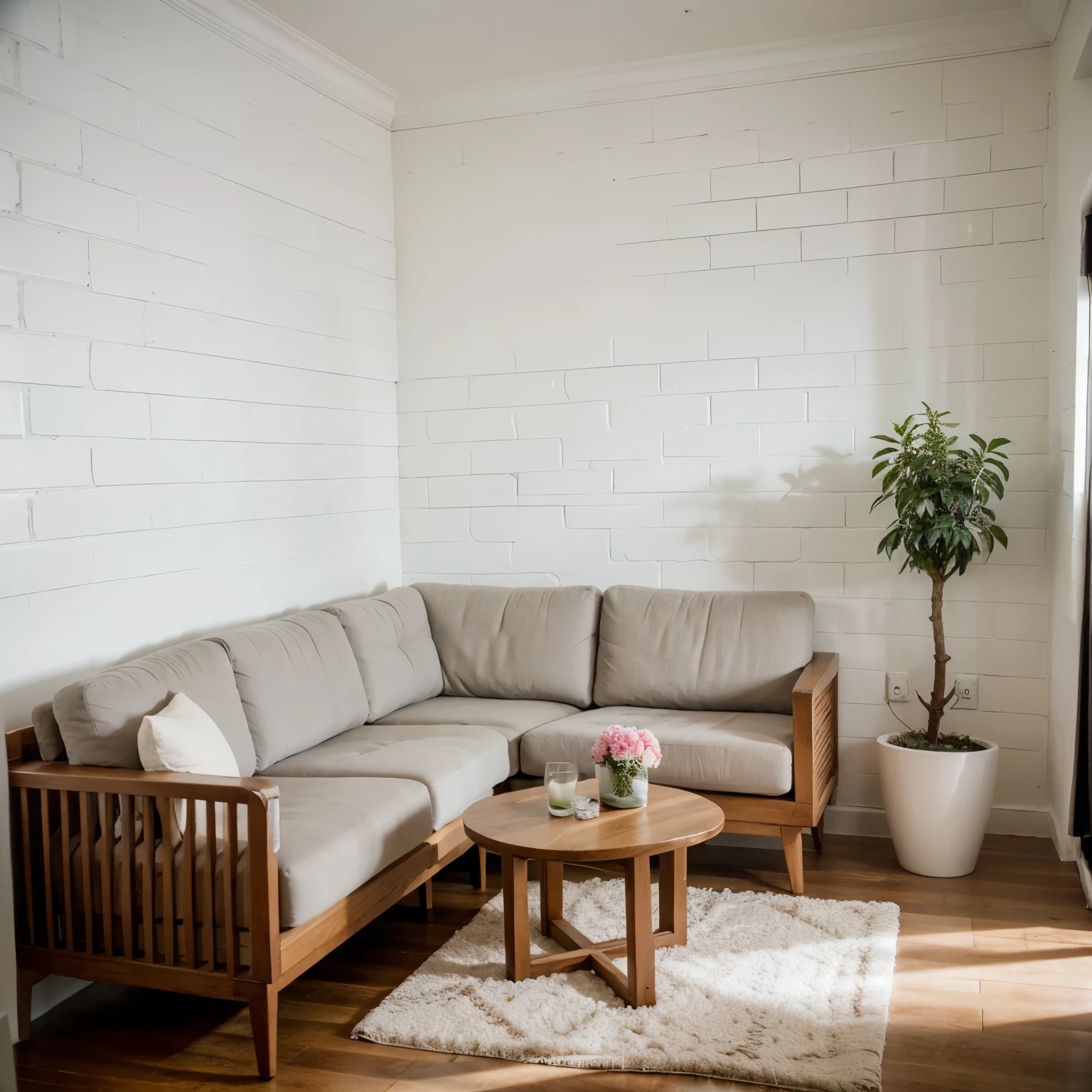 Based on the description, create a living room in a modern style in spring colors. White decorative brick on the wall. Wooden slats as a decoration. Corner sofa, table with chairs, living room furniture, decorations and flowers. Realistic photo, photorealism, minimalism