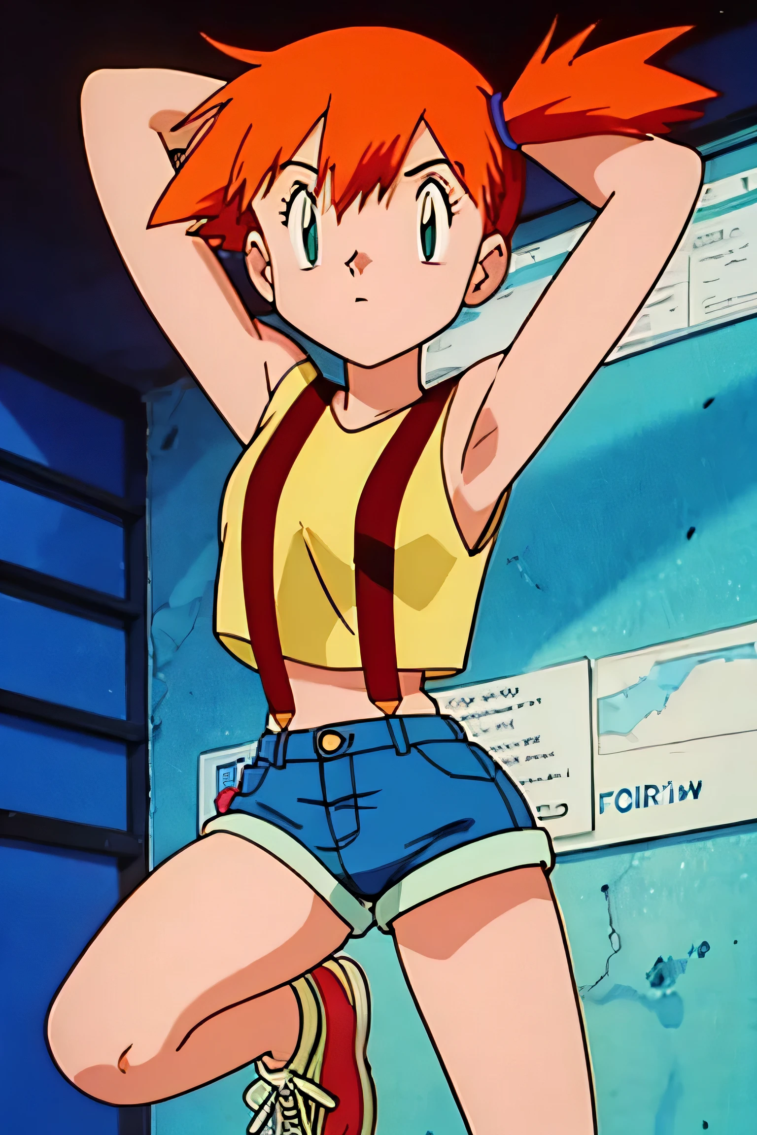 misty (pokemon), yellow shirt, sleeveless shirt, suspenders, denim shorts, sneakers, armpits, showing armpits, arms behind head, solo, masterpiece, 1girl