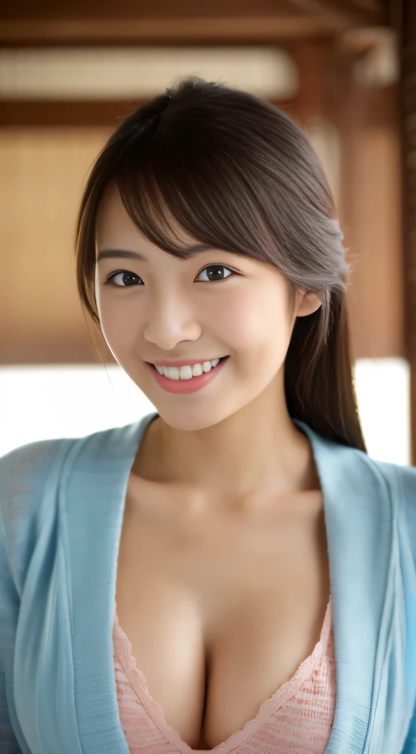 masterpiece,best quality,(Japanese ),((Beautiful girl)),cleavage,indoor,(perfect body beauty:1.2),(shy smile),beautiful teeth,