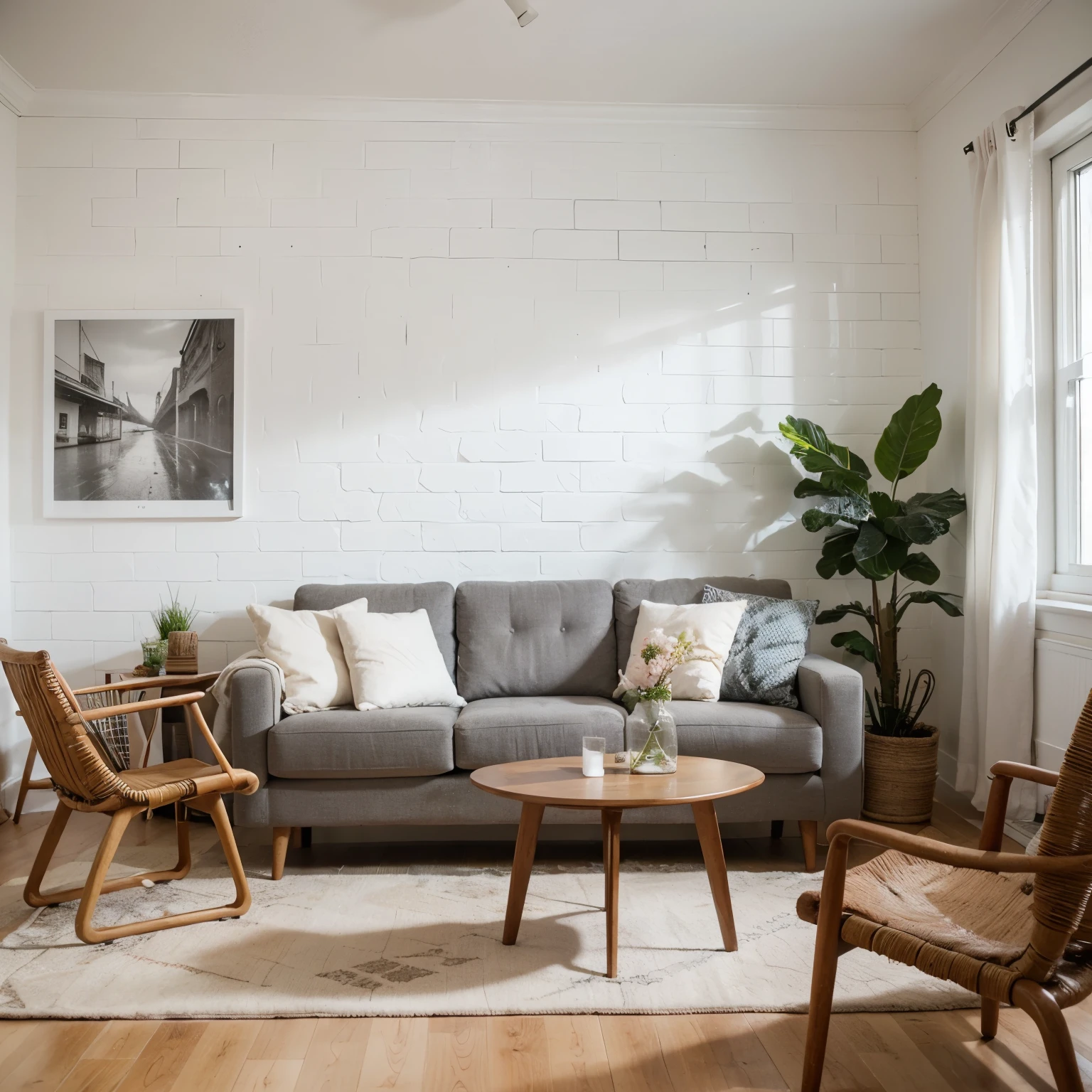 Based on the description, create a living room in a modern style in spring colors. White decorative brick on the wall. Wooden slats as a decoration. Corner sofa, table with chairs, living room furniture, decorations and flowers. Realistic photo, photorealism, minimalism