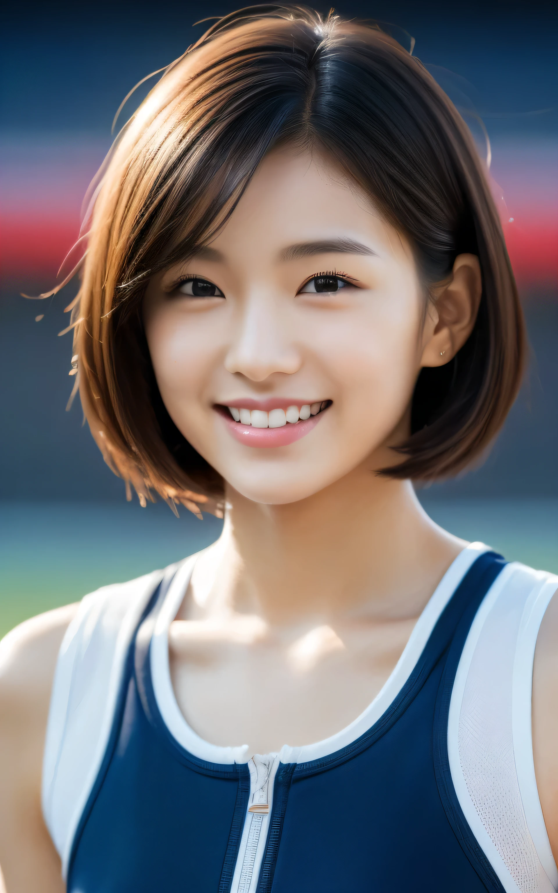 ((top quality、32k、A masterpiece of photography:1.3、ultra high resolution、clear focus)),1 real photography photo, 1 person,korean girl,athlete,seven clones,short hair hairstyle,White skin,Detailed skin details,Detailed skin texture, Light makeup, Bust 32 inches, Super cute,smile slightly, Track and field uniform,at the stadium,sunset light
