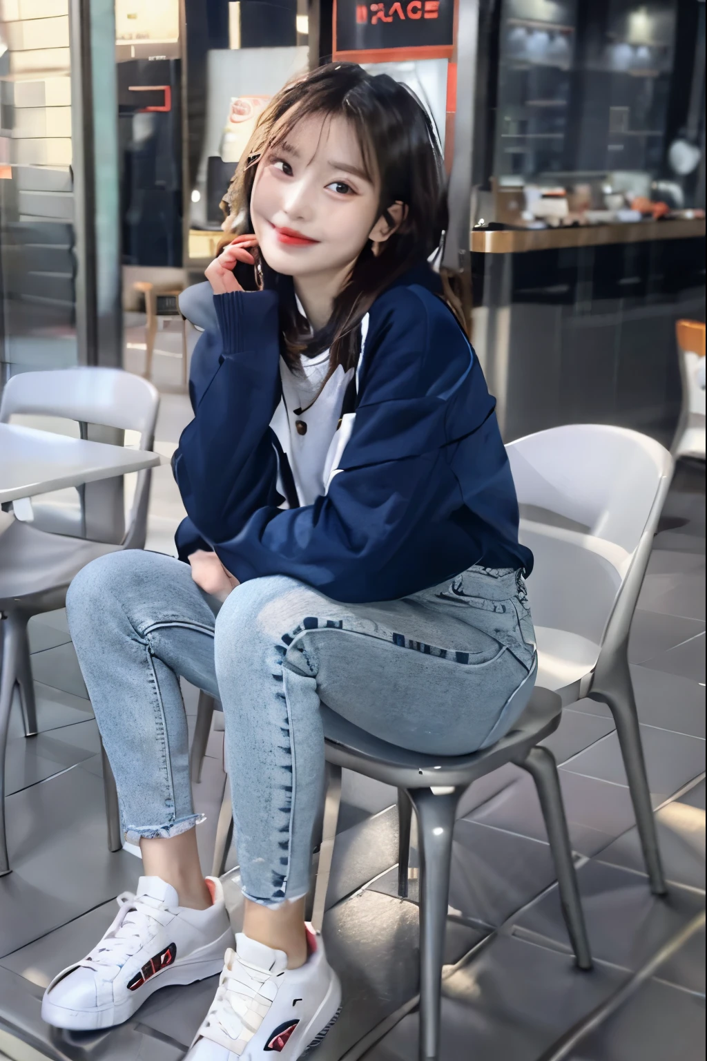 hoodie、skinny denim、sneakers、socks slightly visible through shoes、refreshing smile、smiling showing teeth、full body photo