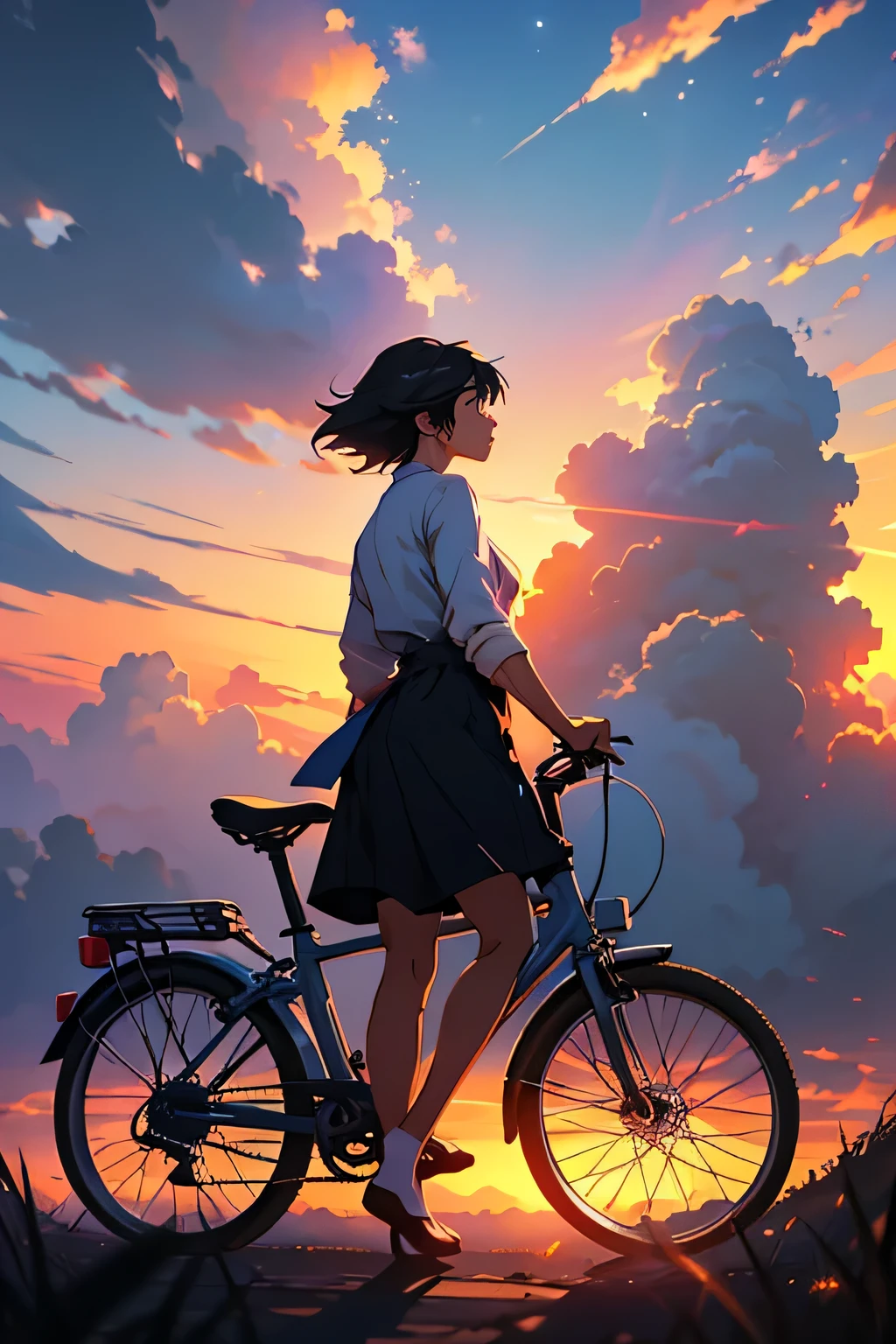 A woman is riding a bicycle on a hill, nostalgic melancholic artwork, beautiful japanese cartoon movies scene, Makoto Shinkai Cyril Rolando, Writer: Zou Zhe, Girl Cloud, amazing wallpaper, Girl watching the sunset, Watching the sunset. japanese cartoon movies, Sunset and big clouds behind her, Guweiz style art work, Super realistic scene