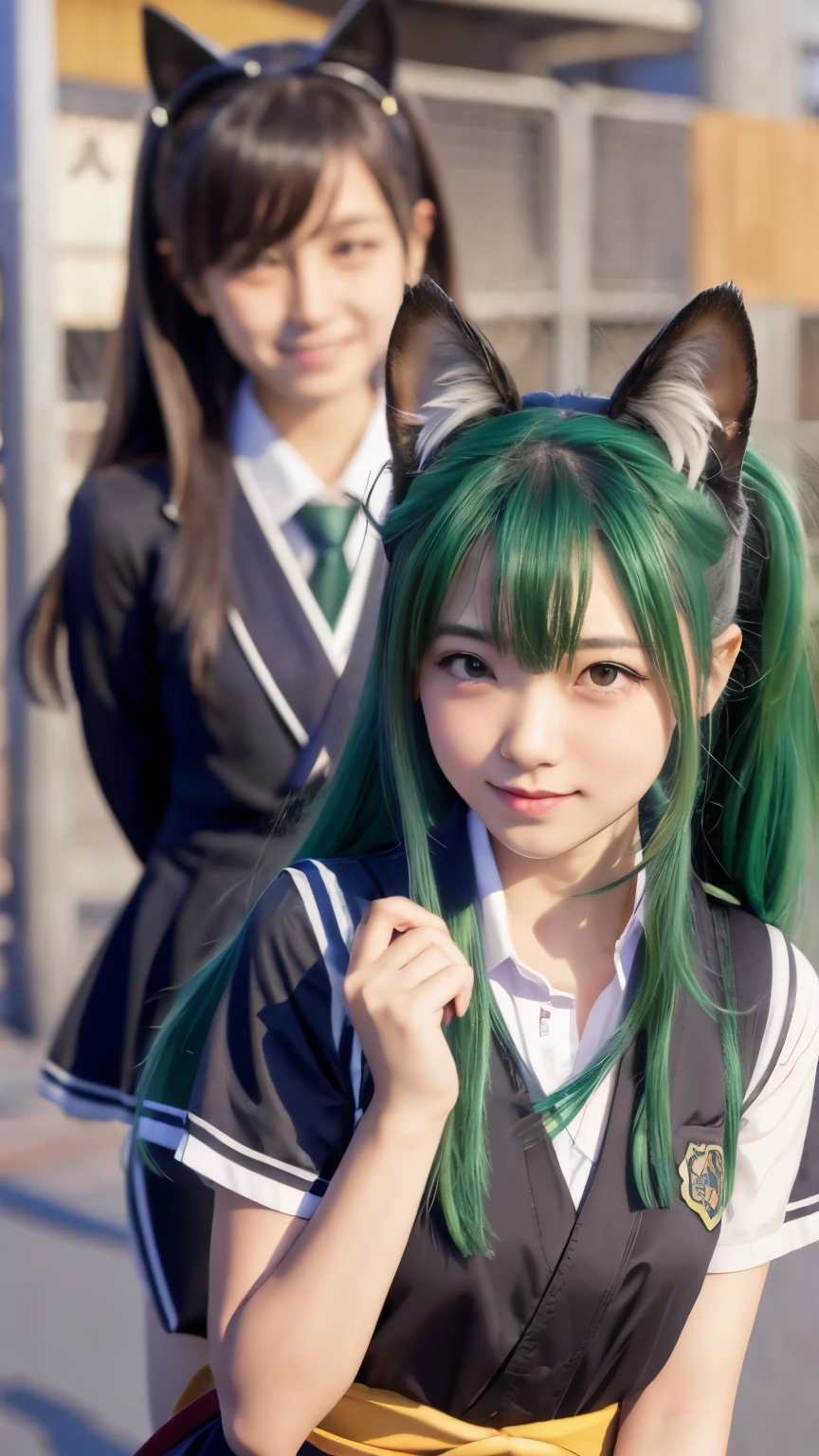 Masterpiece, 4K, bokeh, multiple girls, (Japanese idle:1.6), light smile, harem, group picture, cat ears, rucksack, long hair, green hair, green eyes, school uniform, classroom,