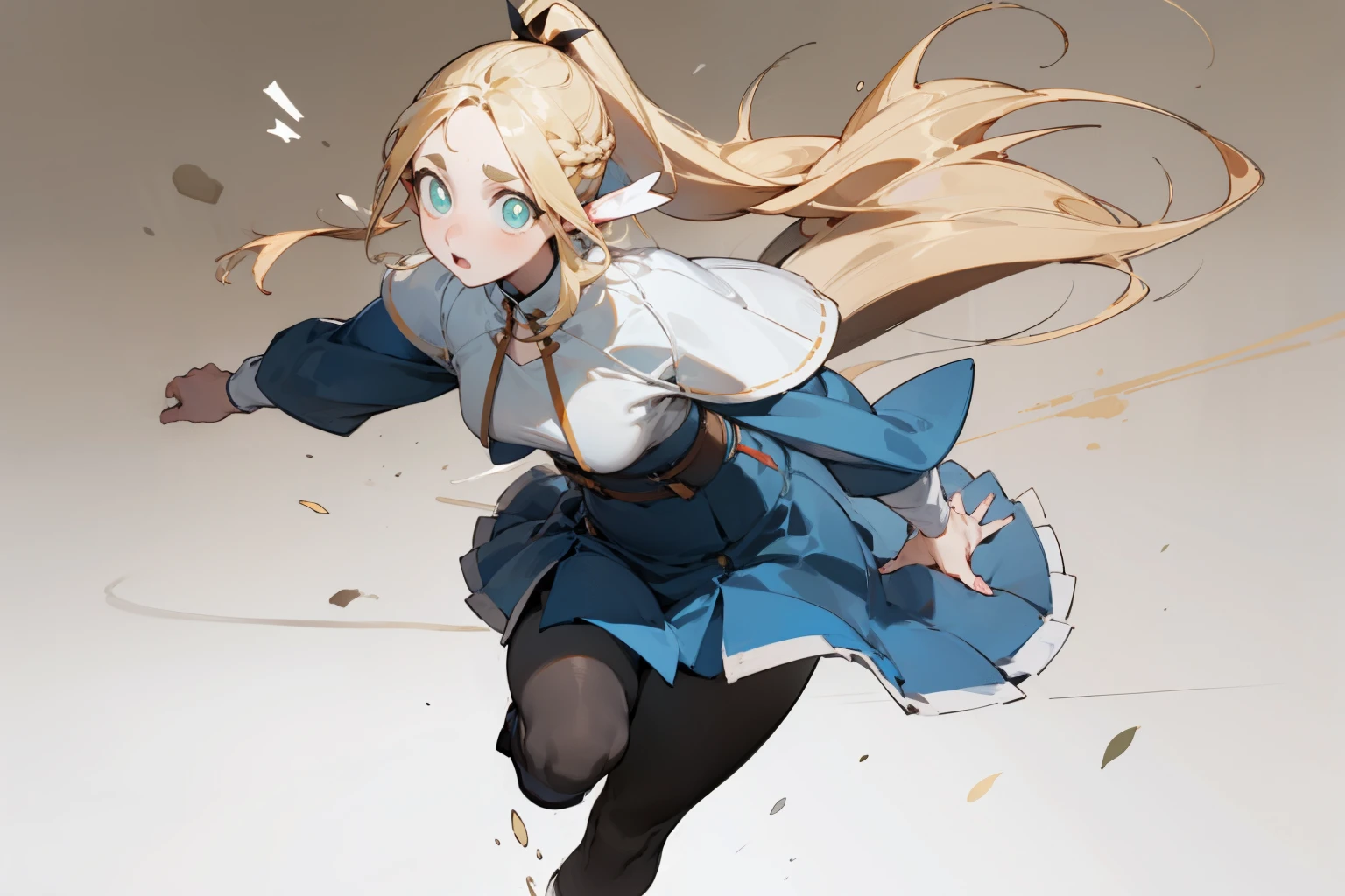 ,pantyhose,skirt,skirt,white top,boots, fashion clothing,),long blonde hair,single ponytail,double tail,high ponytail,thick eyebrows, bust and waist,beautiful blonde,(masterpiece),((best quality)),(super detailed),(beautiful eyes beautiful details eyes,Clean and delicate face)
