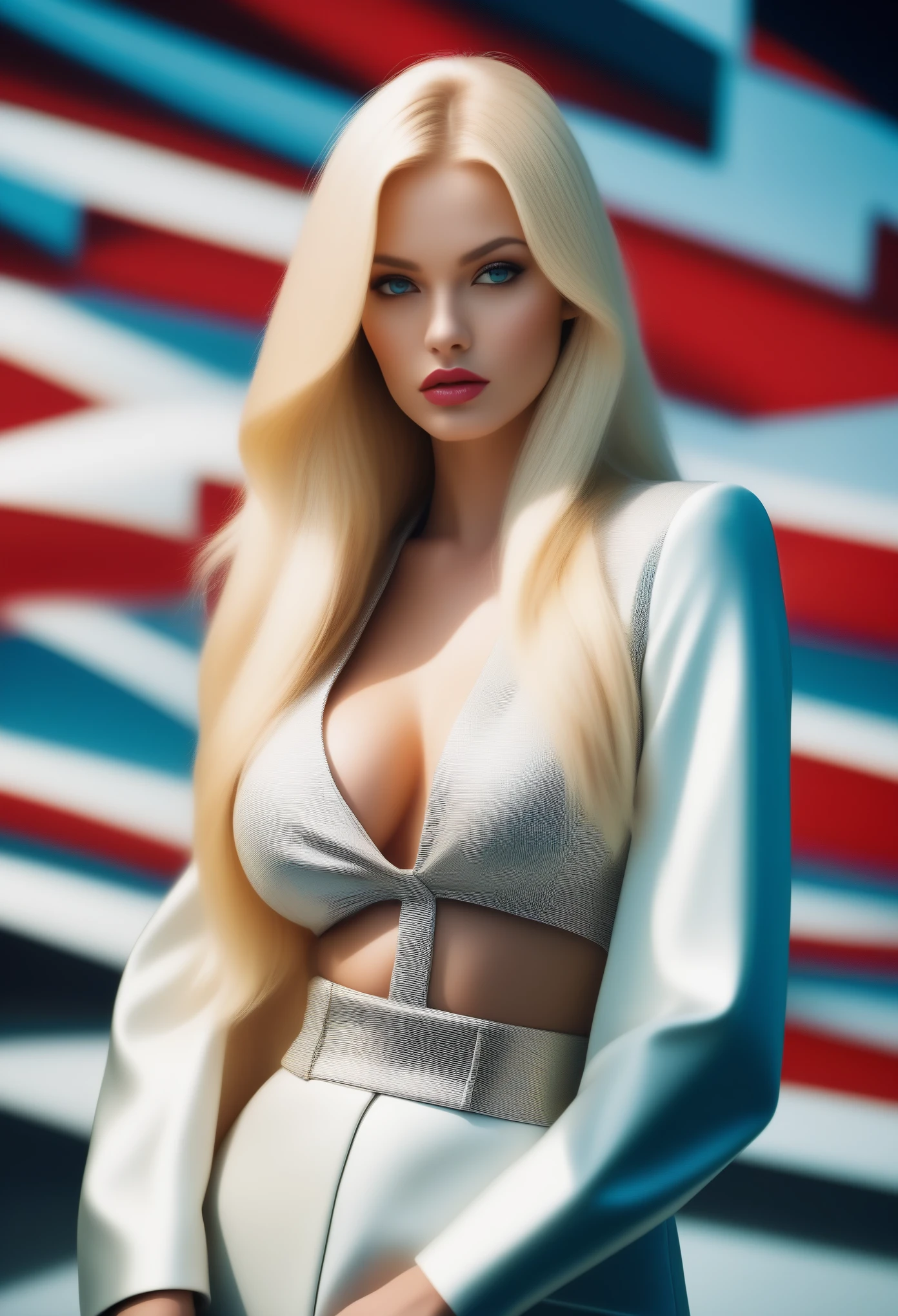 Portrait Photography of ((sexyblonde)) female top model, professional photoshoot, classic haute couture:0.7, glitch aesthetic:0.3, haute couture , torso shot, medium shot, glamour shot, by Chanel summer collection, high fashion creator, day light, fashion photo shoot light