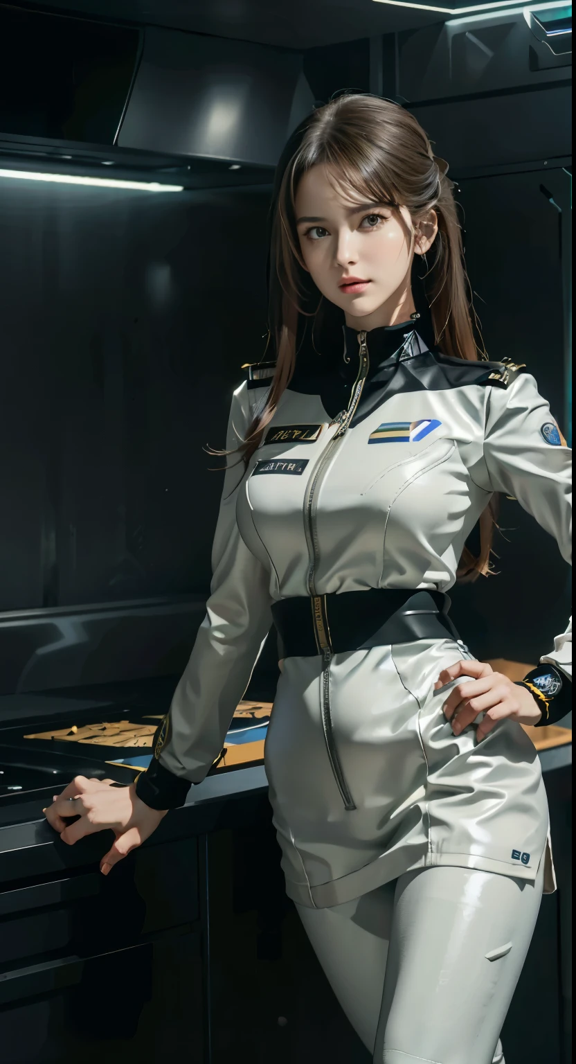 Arafe woman in uniform posing in the kitchen, wearing a space cadet costume, futuristic spaceship crew, ポートレート アニメ 宇宙士官候補生 girl, Inspired by Ren Mei, Wearing RR Diner uniform, white uniform, sci-fi suit, cyberpunk 2 0 7 7 wearing jacket, Pilot costume, smooth white tight clothing suit, portrait, armored astronaut, girl, sci-fi suit