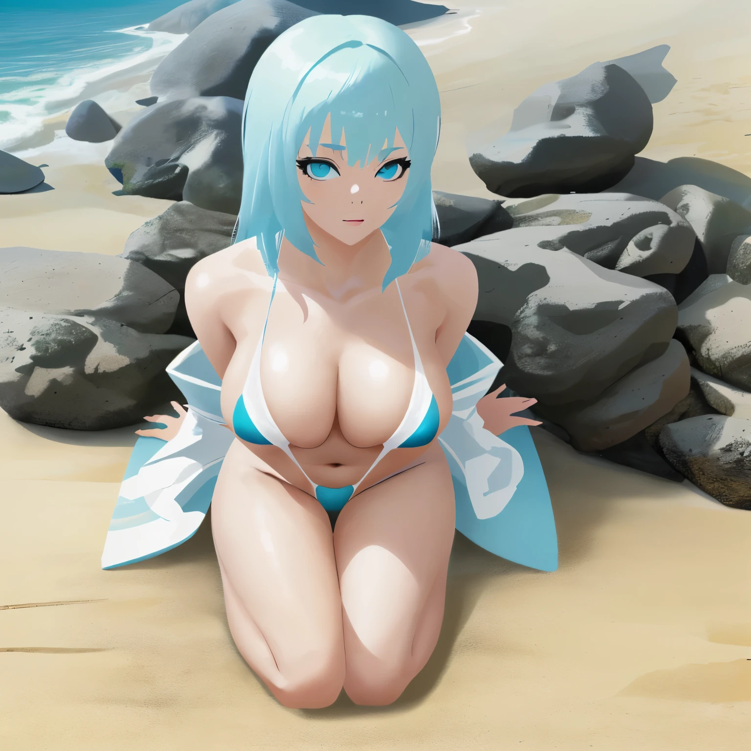 Tall young woman with cyan and white hair wearing a Japanese swimsuit in a sunny beach