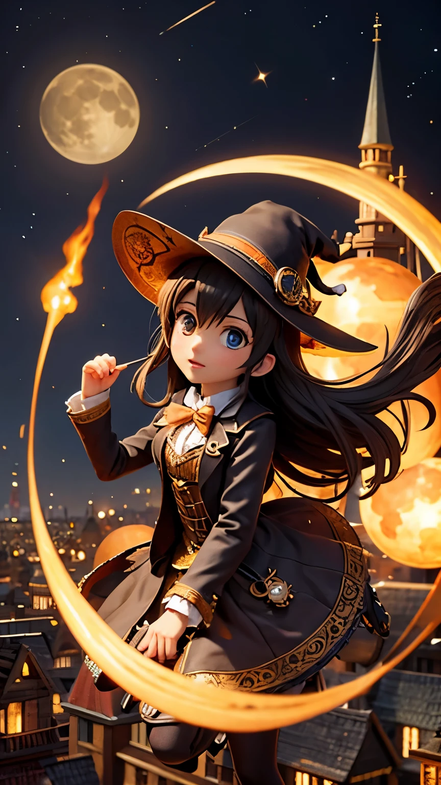 steampunkai。highest quality。masterpiece。detailed details。one girl。cute witch。Fly on a broomstick in steampunk style。Fly over the Victorian city。The background is a huge moon in the night sky。