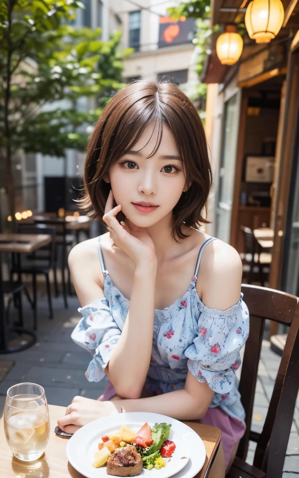 Cute Japanese 21 years old、drink coffee at a cafe、nice cafe、face is very thin、pay attention to detail、double eyelid、beautiful thin nose、sharp focus: 1.2、Beautiful woman: 1.4、(light brown hair、short hair、 )、pure white skin、highest quality、masterpiece、超High resolution、(Photoreal:1.4)、High resolution、professional lighting、nice smile、Show your whole body、cute spring clothes、Dress in bright colors、Arafe woman sitting at a table with a plate of food and coffee、cute young woman、gorgeous young korean woman、cute young woman、beautiful young korean woman、cute - detailed - face、girl portrait、young and cute girl、Young Asian woman、young asian girl