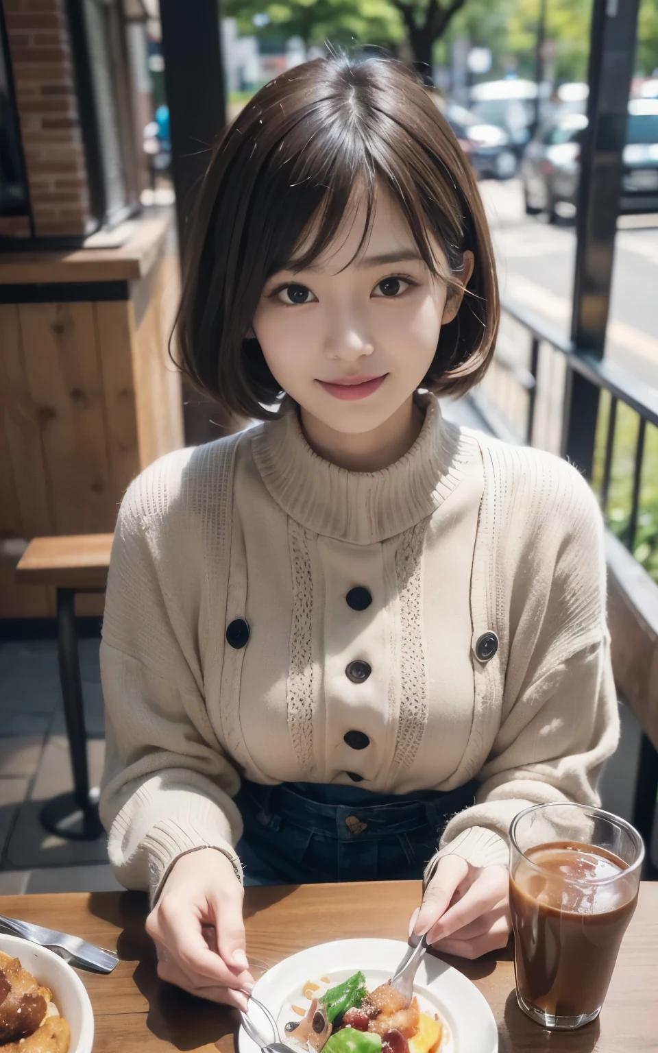 Cute Japanese 21 years old、drink coffee at a cafe、nice cafe、face is very thin、pay attention to detail、double eyelid、beautiful thin nose、sharp focus: 1.2、Beautiful woman: 1.4、(light brown hair、short hair、 )、pure white skin、highest quality、masterpiece、超High resolution、(Photoreal:1.4)、High resolution、professional lighting、nice smile、Show your whole body、cute winter clothes、Arafe woman sitting at a table with a plate of food and coffee、cute young woman、gorgeous young korean woman、cute young woman、beautiful young korean woman、cute - detailed - face、girl portrait、young and cute girl、Young Asian woman、young asian girl