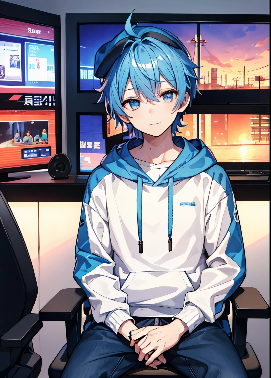 1 person, Handsome guy, 一人in,とても短いblue hair, blue hair、pants, look up_in_viewer, game room、Casual clothes sitting on a gaming chair,hoodie、please wear a blue hat、 ((table top,highest quality)), 緻密in美しい目, beautiful and detailed face、sleepy face、sleepy look、slight smile