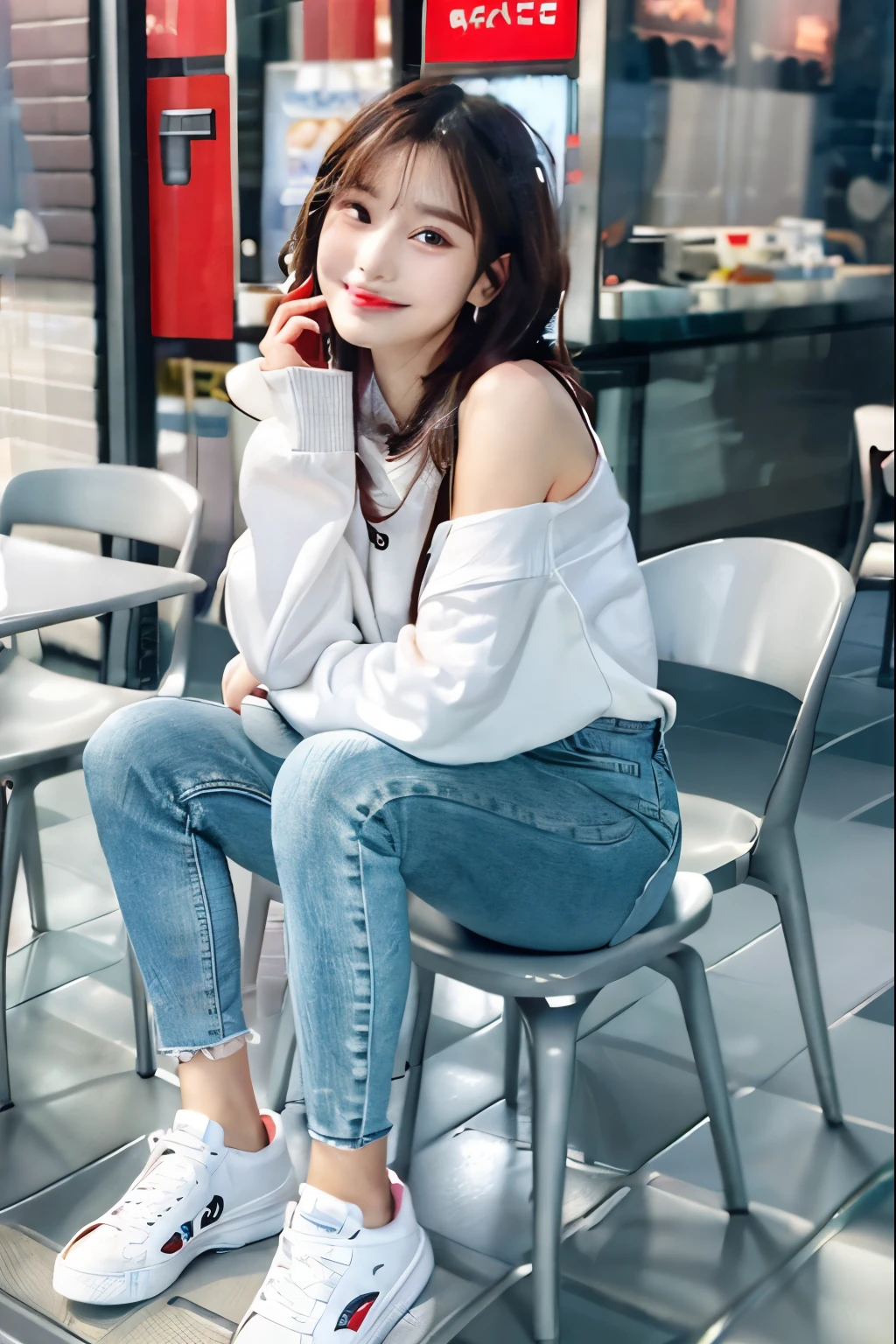 hoodie、skinny denim、sneakers、socks slightly visible through shoes、refreshing smile、smiling showing teeth、full body photo
