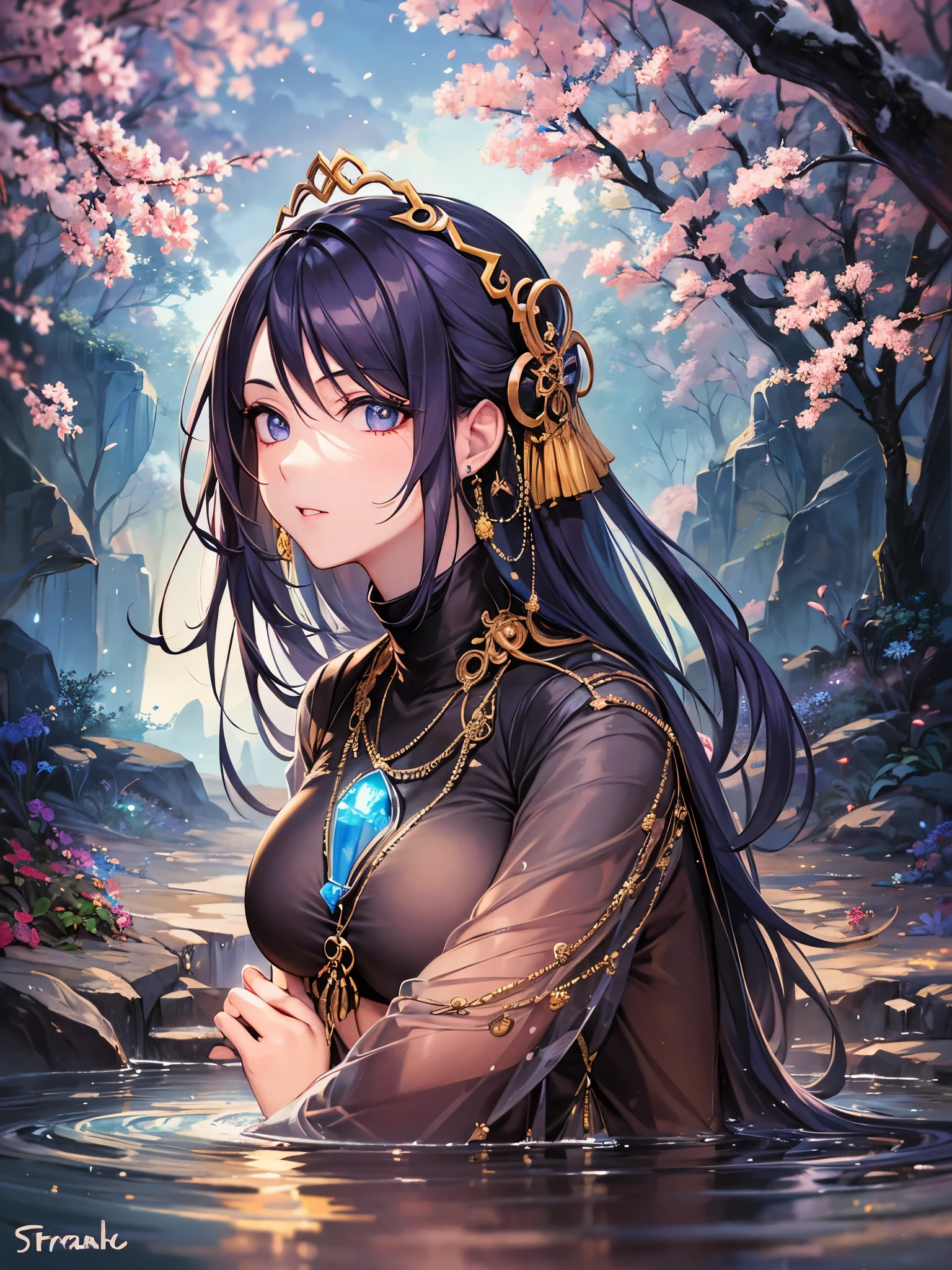 ((highest quality)),(ultra high resolution),(Super detailed),(detailed description),((best CG)),(best work of art),super precision art,amazing drawing art,(Oriental fantasy art with precise details:1.5), (adult women:1.6),(beautiful and well-shaped face:1.7),((Stra:1.5)), (she looks into the clear spring:1.6)