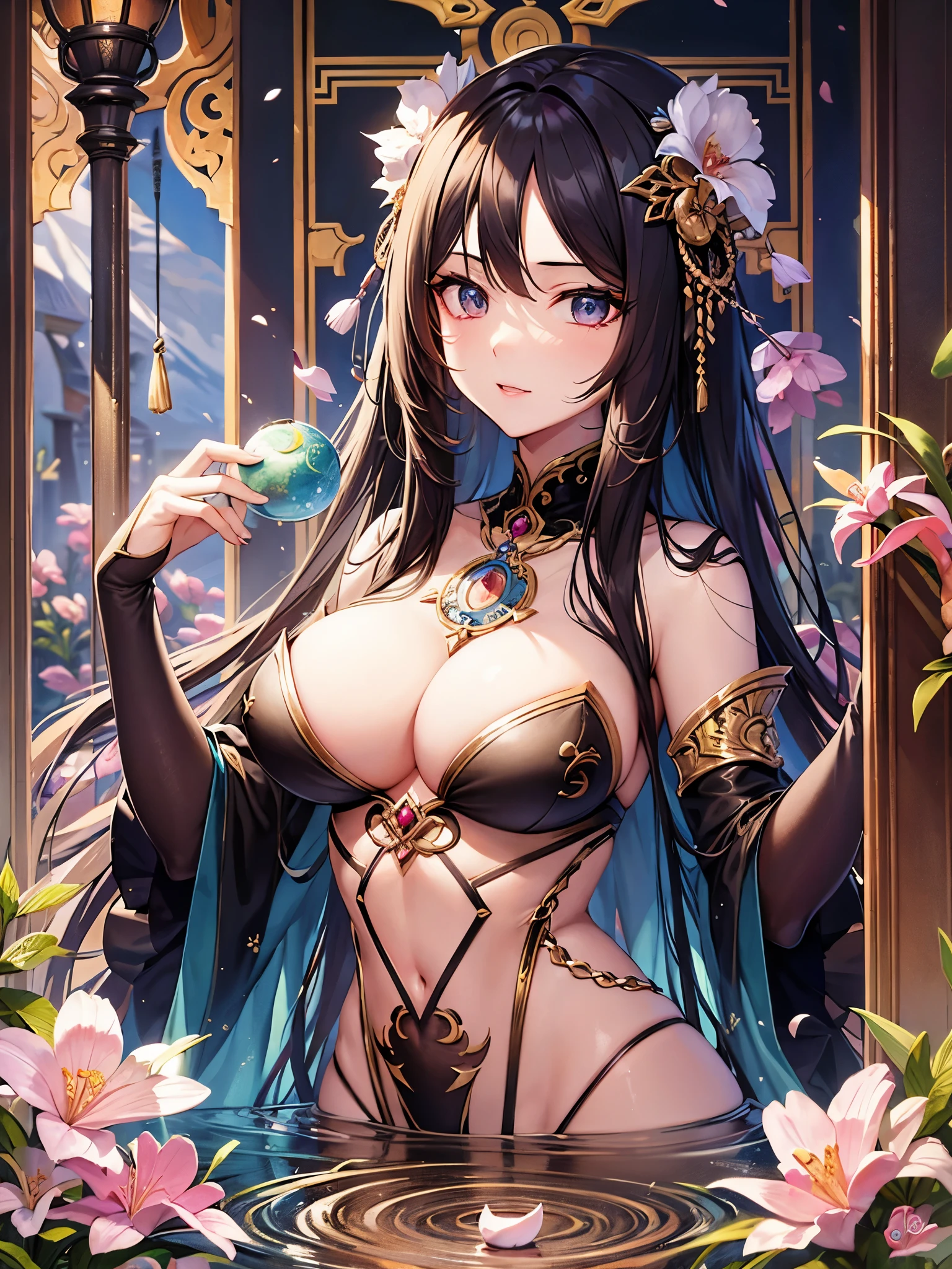 ((highest quality)),(ultra high resolution),(Super detailed),(detailed description),((best CG)),(best work of art),super precision art,amazing drawing art,(Oriental fantasy art with precise details:1.5), (adult women:1.6),(beautiful and well-shaped face:1.7),((Stra:1.5)), (she looks into the clear spring:1.6), narcissist