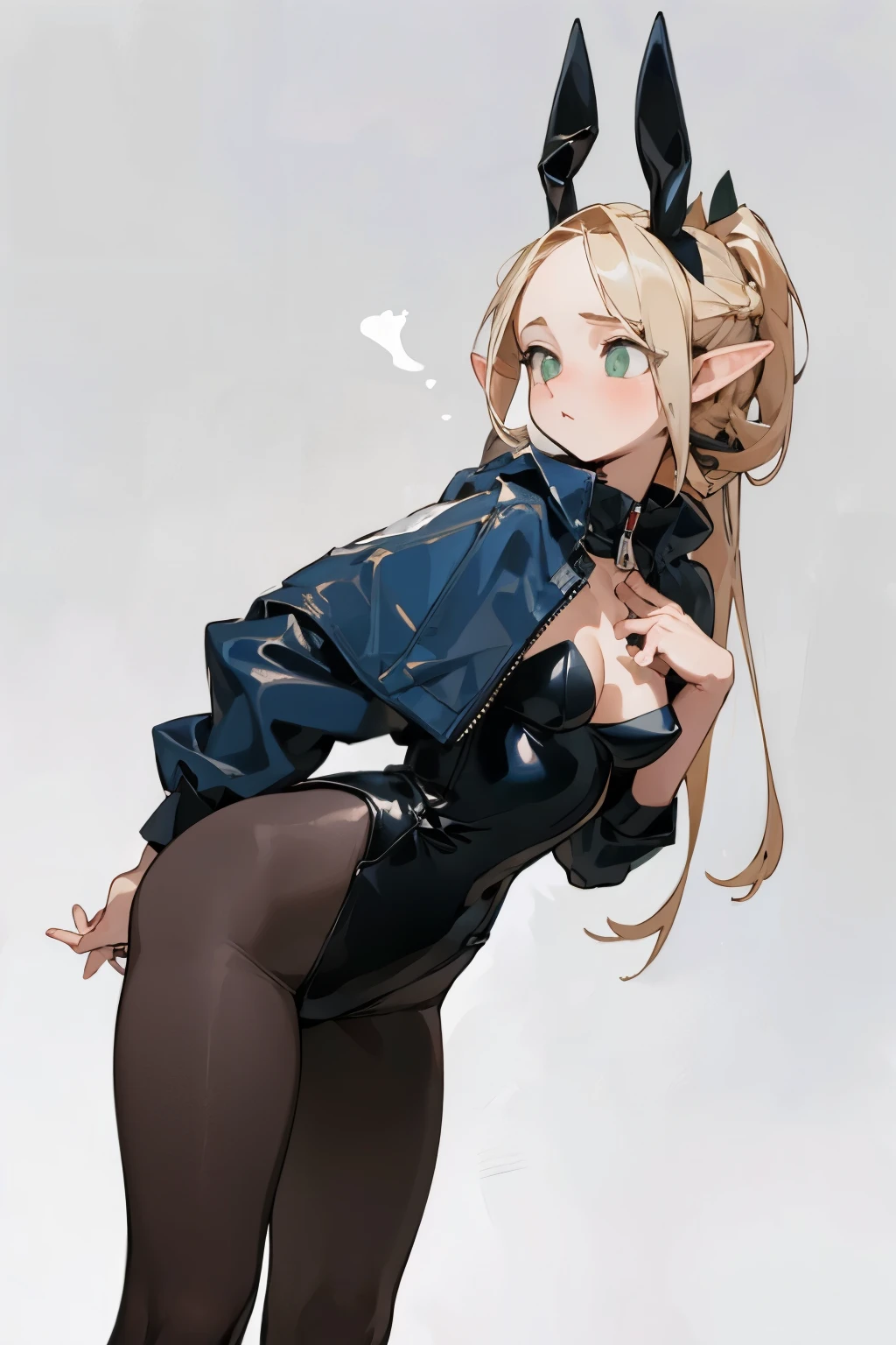 (masterpiece, best quality) detailed, 1character , blue archive art style , Wearing black tights, silver accessories , zip up , blonde ,elegant,  pointed ears ,bunny girl costume