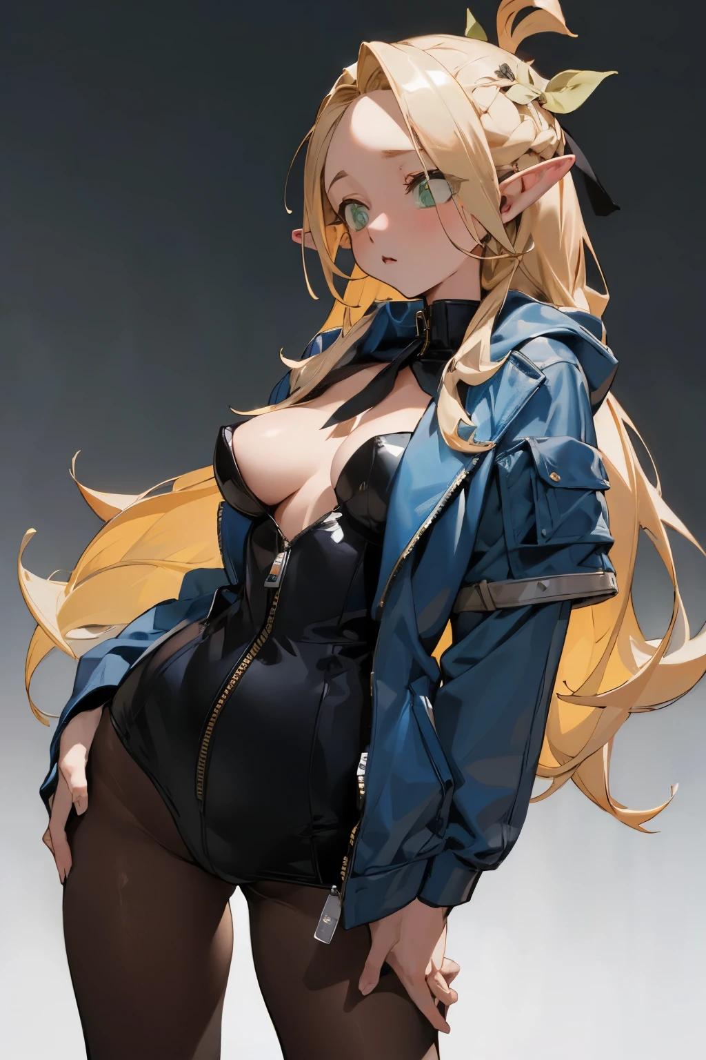 (masterpiece, best quality) detailed, 1character , blue archive art style , Wearing black tights, silver accessories , zip up , blonde ,elegant,  pointed ears ,bunny girl costume