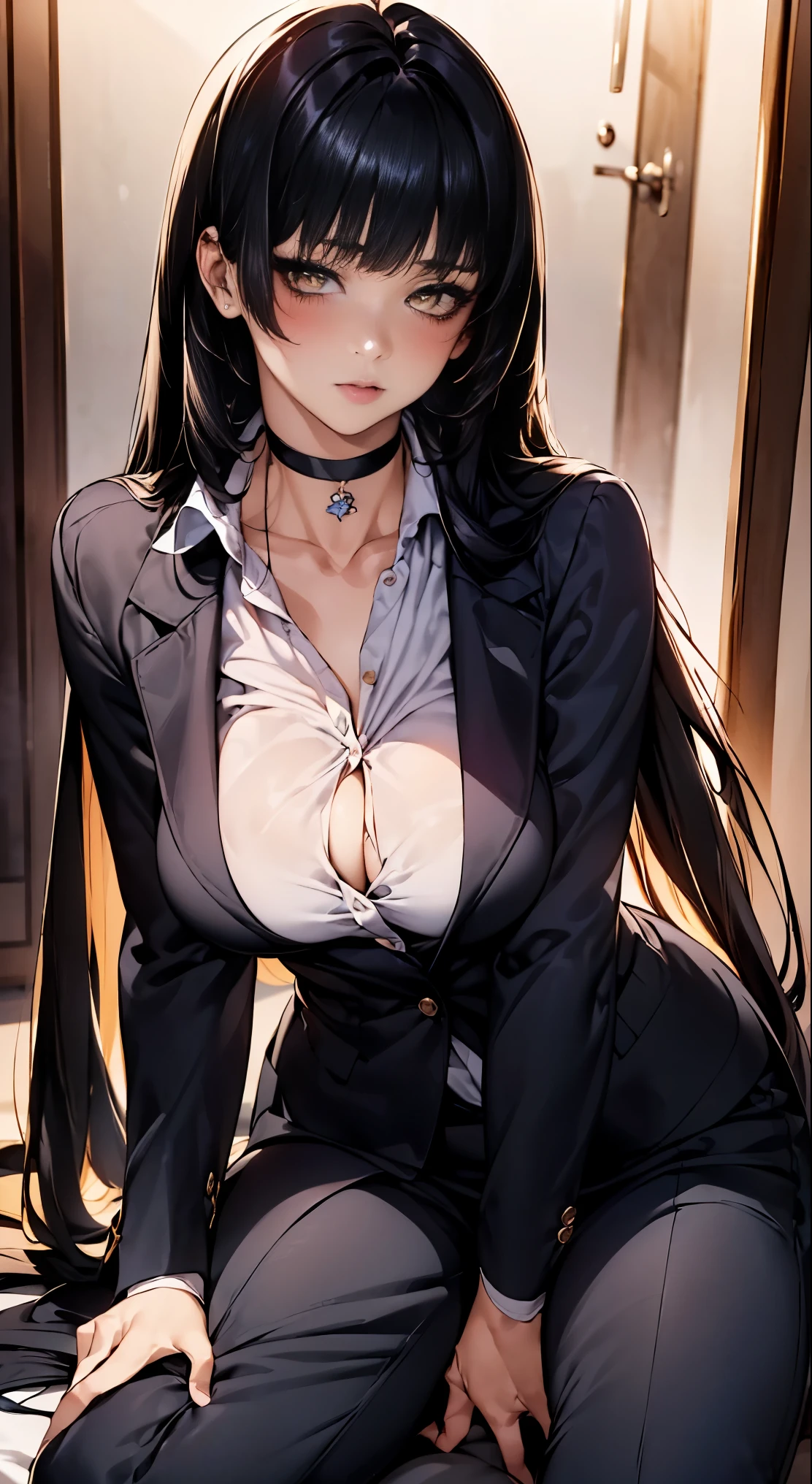 (masterpiece:1.2, highest quality), (realistic, photorealistic:1.4), beautiful illustrations, 
looking at the viewer, whole body, Front view:0.6, 
((1 female:1.9)),  ((black hair, straight long hair:1.7)), ((big breasts:1.6, big ass)) 
beautiful hair, beautiful face, beautiful and detailed eyes, (yellow eyes:1.3), beautiful clavicle, beautiful body, beautiful breasts, beautiful thighs, beautiful feet, beautiful fingers, perfect anatomy:1.3, perfect anatomy
(street:1.4)
((three piece suit:1.8, collared shirt, choker:1.6)), 
((put your left hand on your chest, open your legs:1.3)), 
(Look at the viewer while blushing:1.3)