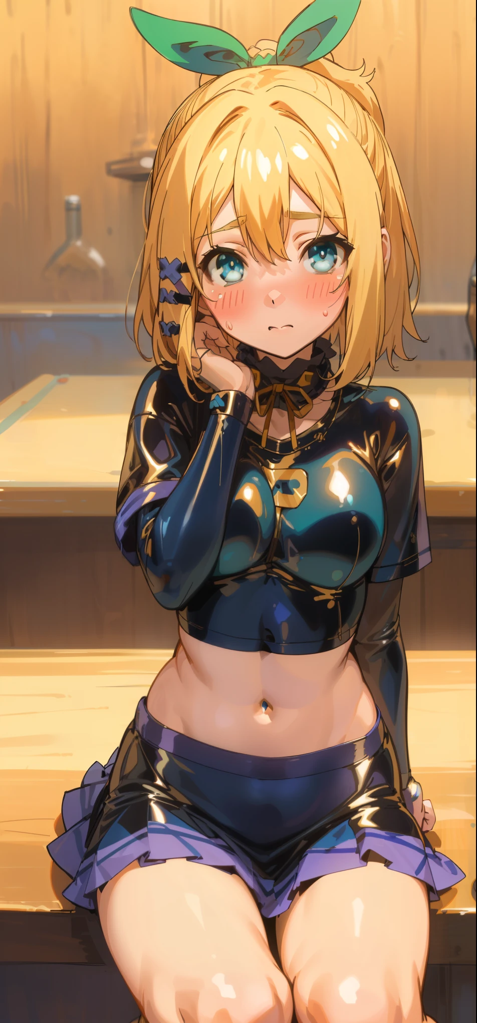 best quality, (masterpiece:1.2), detailed, medieval,
Rumia Tingel,
1girl, solo, ((blush)),
medium hair, blonde hair, short ponytail, blue eyes, green bow, x hair ornament,
((( blue eyes, ultra-detailed eyes))),
Dynamic pose, ((blush)), medium breasts,  medium hair,  background, perfect anatomy, healthy skin,  glowing eyes, cat ears. ((((sitting in a bar)))). ((((( navel, healthy skin))))),  confident. (((Latex shirt, latex skirt)))