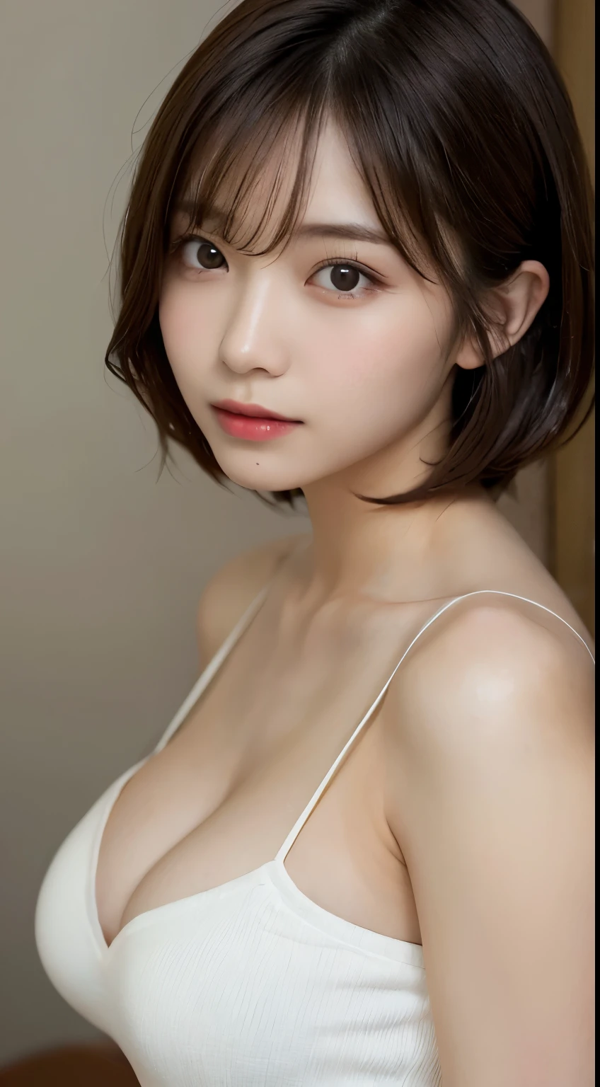 masterpiece、highest quality、High resolution、table top、photograph、wallpaper、realistic、bright lighting、professional lighting、face light、smooth lighting、japanese woman、Beautiful woman、modeled、gravure、sexy、poor、super beautiful、beautiful skin、beautiful and detailed eyes、detailed face、slim、medium large breasts and full breasts、short hair、brunette wet hair、brown eyes、look at the camera、Wearing a white tube top