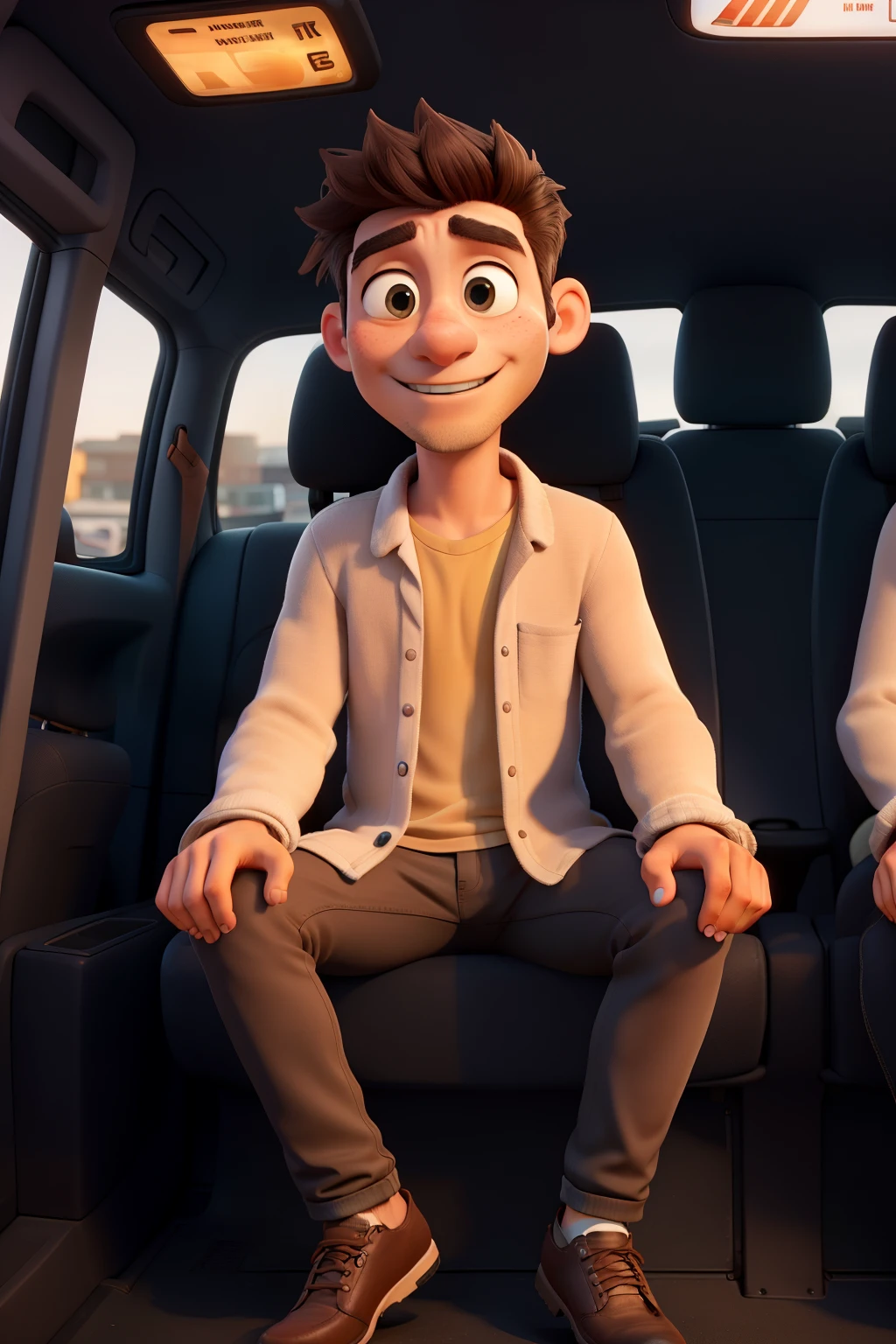 A man sit inside taxi with his girlfriend