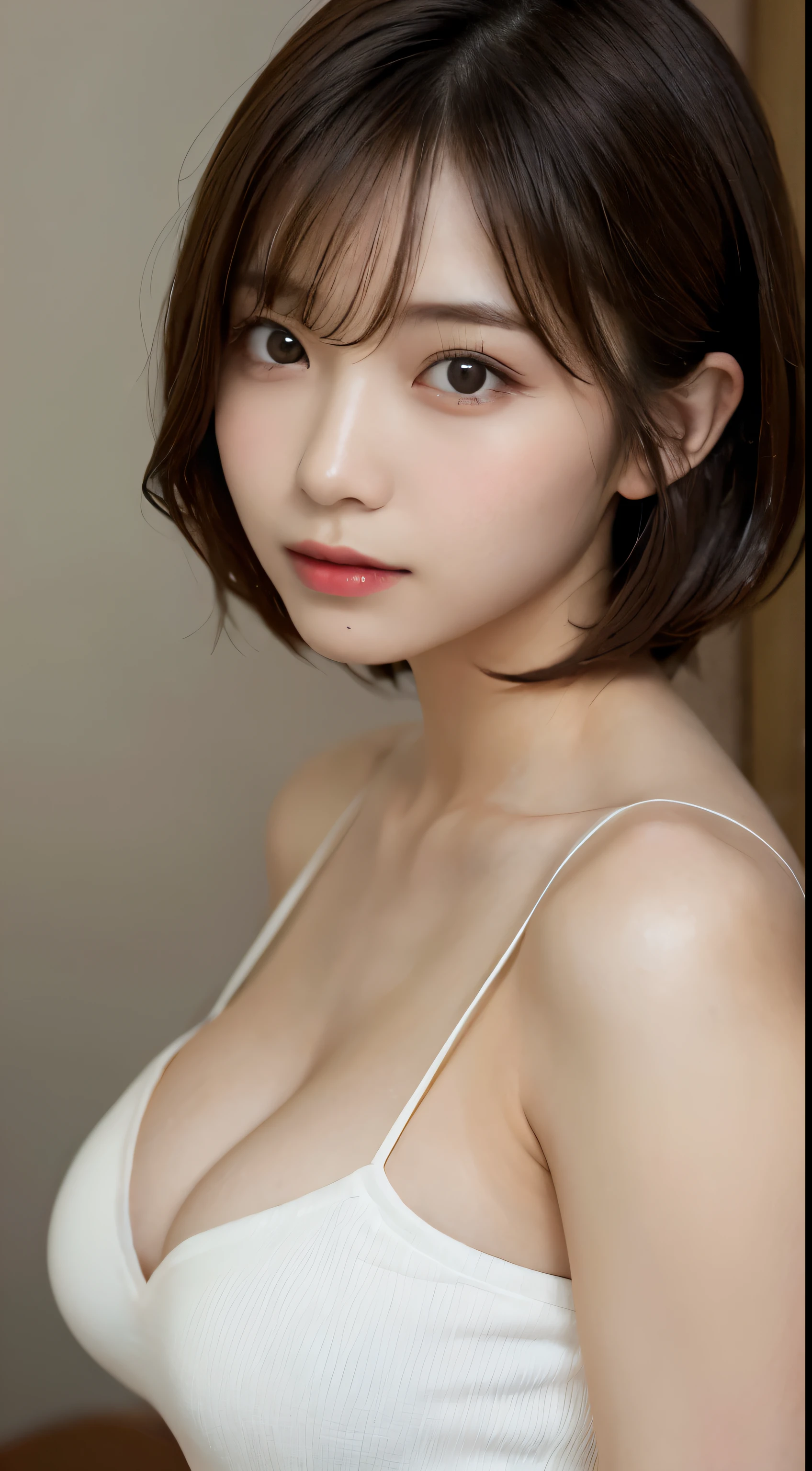 masterpiece、highest quality、High resolution、table top、photograph、wallpaper、realistic、bright lighting、professional lighting、face light、smooth lighting、japanese woman、Beautiful woman、modeled、gravure、sexy、poor、super beautiful、beautiful skin、beautiful and detailed eyes、detailed face、slim、medium large breasts and full breasts、short hair、brunette wet hair、brown eyes、look at the camera、wearing a white tube top