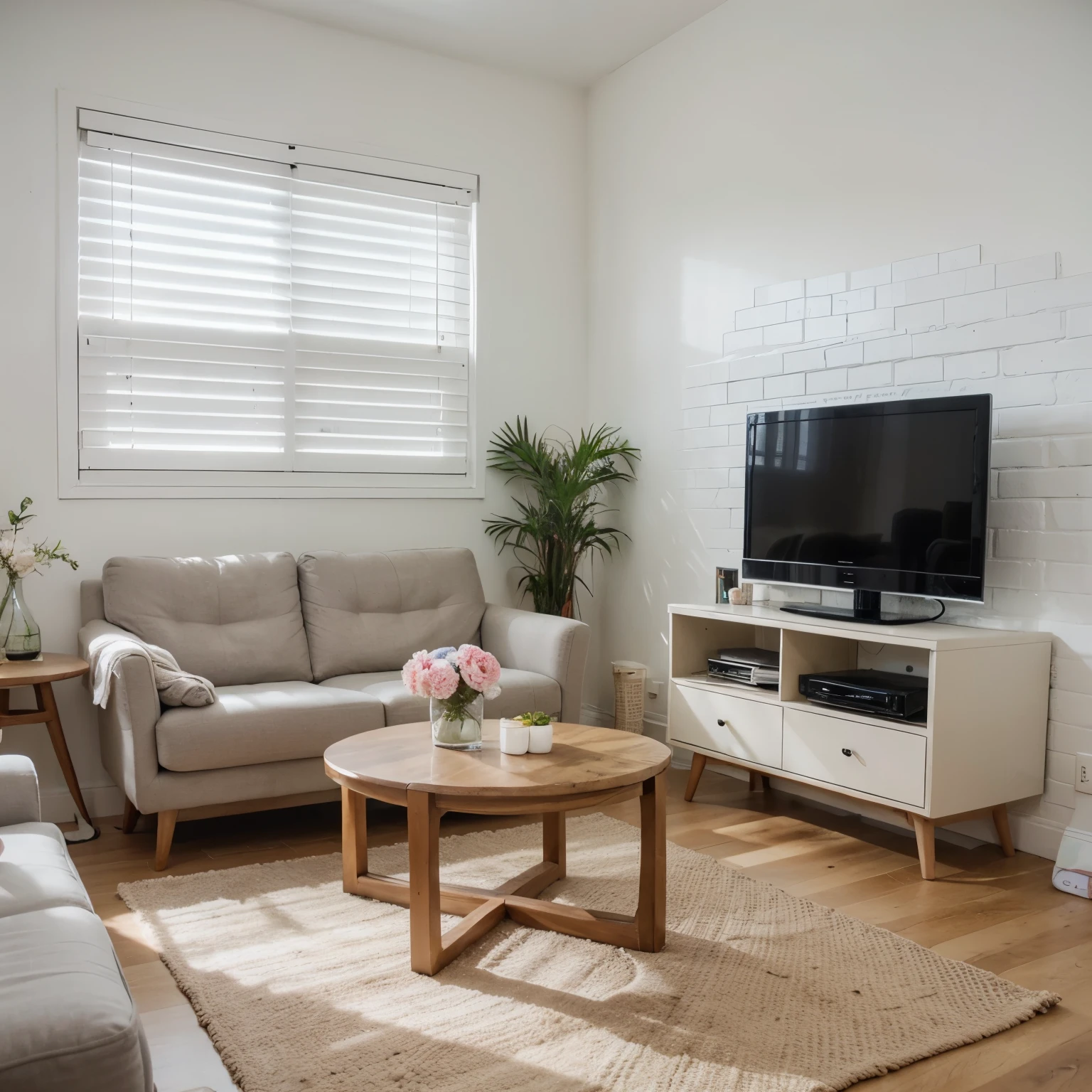 Based on the description, create a living room in a modern style in spring colors. There is a distinctive white decorative brick on the wall. Wooden slats as a decoration. Corner sofa, table with chairs, TV on the wall, living room furniture, decorations and flowers. Realistic photo, photorealism, minimalism