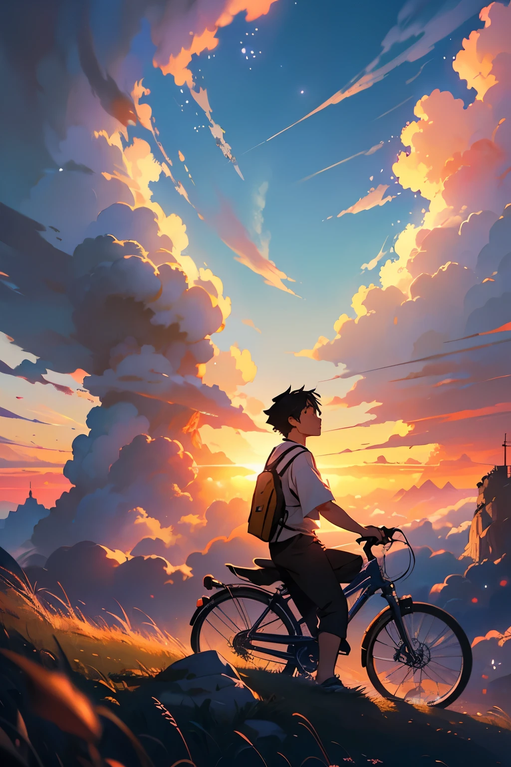 A man is riding a bicycle on a hill, nostalgic melancholic artwork, beautiful japanese cartoon movies scene, Makoto Shinkai Cyril Rolando, Writer: Zou Zhe, Girl Cloud, amazing wallpaper, boy watching the sunset, Watching the sunset. japanese cartoon movies, Sunset and big clouds behind him, Guweiz style art work, Super realistic scene