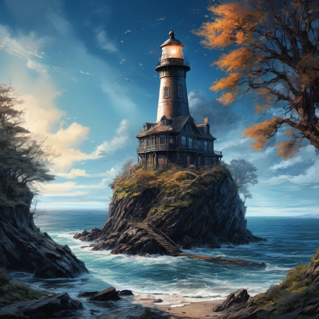 (aesthetic,extremely detailed,ink drawing)(lighthouse,lighthouse on an island),(blue ink ocean)(Daniel Merriam,by john blanche,M. C. Esher,frostpunk),(dirty ink), (black ink) (best quality,4k,8k,highres,masterpiece:1.2),ultra-detailed,(realistic,photorealistic,photo-realistic:1.37),HDR,UHD,studio lighting,ultra-fine painting,sharp focus,physically-based rendering,extreme detail description,professional,vivid colors,bokeh (portraits,landscape,horror,anime,sci-fi,photography,concept artists),(colorful tones),(soft lighting)