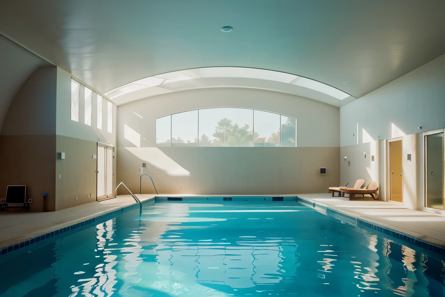 Pool backrooms, soft lighting, The building is circular. The pool is in a circular complex, the end wall which has a window and is curved because of the circular wall , high ceiling , Large swimming pool in the sports complex , warm lighting, It has only one window , It has only one curved wall (curved wall has windows), only one side has windows, the other sides are walls ,Windows at the top (high window ceiling in the upper part of the wall), In summer, the curve of the sports complex is designed as a circle ,beautiful pool, tranquility, tranquility, bizarre shapes, pool of unusual shape, 8k, best quality, reality, ray tracing, best tracetrace rays, bloom, realistic