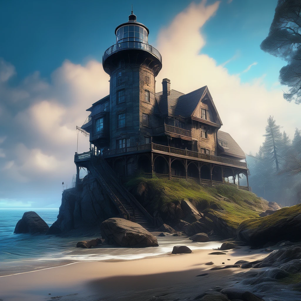(aesthetic,extremely detailed,ink drawing)(lighthouse,lighthouse on an island),(blue ink ocean)(Daniel Merriam,by john blanche,M. C. Esher,frostpunk),(dirty ink), (black ink) (best quality,4k,8k,highres,masterpiece:1.2),ultra-detailed,(realistic,photorealistic,photo-realistic:1.37),HDR,UHD,studio lighting,ultra-fine painting,sharp focus,physically-based rendering,extreme detail description,professional,vivid colors,bokeh (portraits,landscape,horror,anime,sci-fi,photography,concept artists),(colorful tones),(soft lighting)