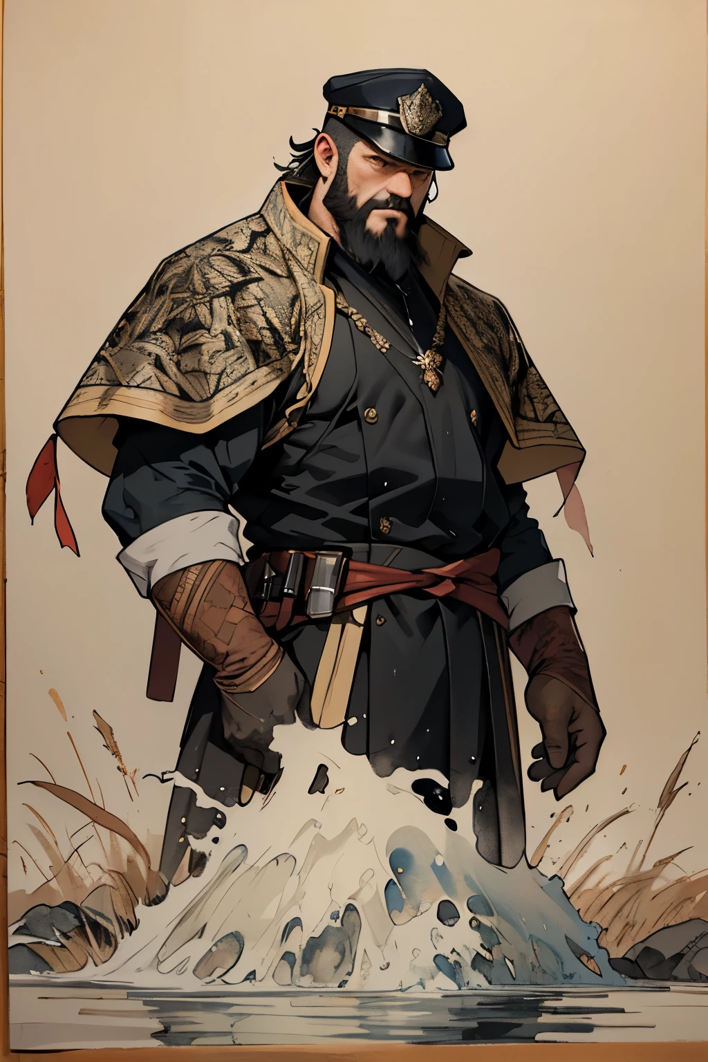 (Best quality,4K,A high resolution,Masterpiece:1.2), water ink painting，Draw on rice paper，Use thick and light inks to create light and dark changes and layers，Choose the right ink color，Such as deep black、Thick gray、Light coffee, ETC, Eight brothers, Eight bearded men who look alike,Officers and soldiers attire,frontage,Town streets,Town, mighty, majestic, imposing, brave posture,Heroic posture,forthright,illustration,Get attention.Traditional turkish clothing, ink painting, Ottoman empire times 