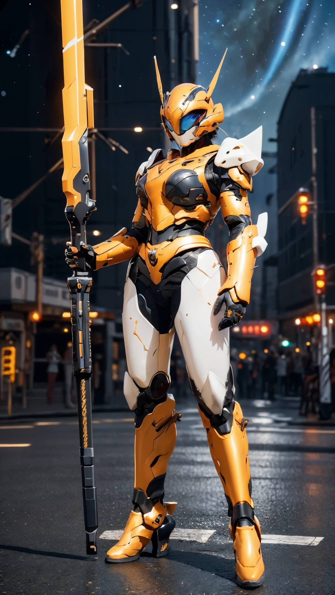 A woman adorned in fantasy-style full-body armor, a crown-concept fully enclosed helmet that unveils only her eyes, a composite layered chest plate, fully encompassing shoulder and hand guards, a lightweight waist armor, form-fitting shin guards, the overall design is heavy-duty yet flexible, ((the armor gleams with a golden glow, complemented by red and blue accents)), exhibiting a noble aura, she floats above a fantasy-surreal high-tech city, this character embodies a finely crafted fantasy-surreal style armored hero in anime style, exquisite and mature manga art style, (Queen bee mixed with Spider concept Armor, photorealistic:1.2, Real texture material:1.2), ((night sky, city night view, elegant, goddess, femminine:1.5)), Unreal Engine 5, metallic, high definition, best quality, highres, ultra-detailed, ultra-fine painting, extremely delicate, professional, anatomically correct, symmetrical face, extremely detailed eyes and face, high quality eyes, creativity, RAW photo, UHD, 32k, Natural light, cinematic lighting, masterpiece-anatomy-perfect, masterpiece:1.5