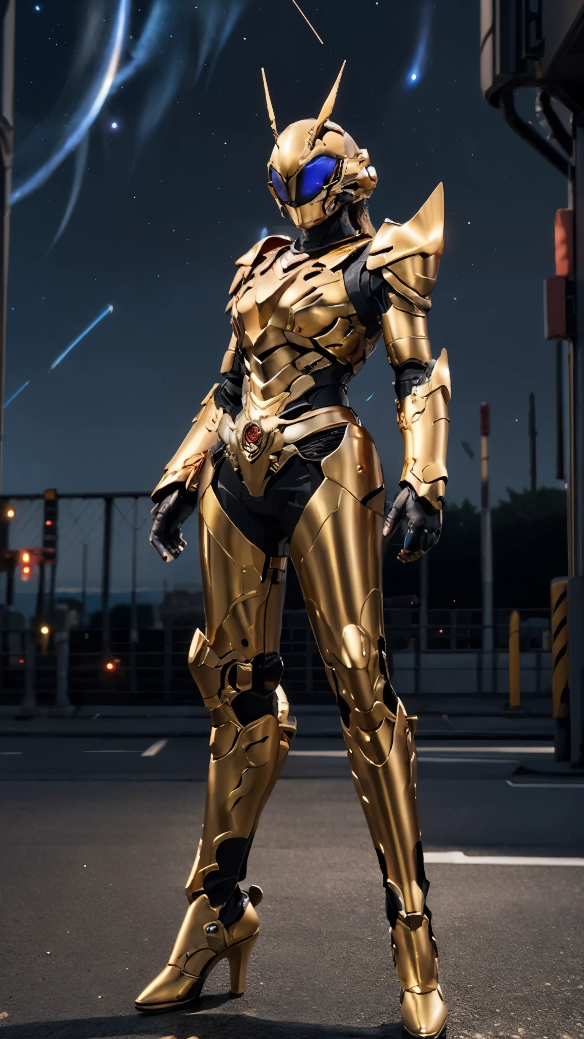 A woman adorned in fantasy-style full-body armor, a crown-concept fully enclosed helmet that unveils only her eyes, a composite layered chest plate, fully encompassing shoulder and hand guards, a lightweight waist armor, form-fitting shin guards, the overall design is heavy-duty yet flexible, ((the armor gleams with a golden glow, complemented by red and blue accents)), exhibiting a noble aura, she floats above a fantasy-surreal high-tech city, this character embodies a finely crafted fantasy-surreal style armored hero in anime style, exquisite and mature manga art style, (Queen bee mixed with Spider concept Armor, photorealistic:1.2, Real texture material:1.2), ((night sky, city night view, elegant, goddess, femminine:1.5)), Unreal Engine 5, metallic, high definition, best quality, highres, ultra-detailed, ultra-fine painting, extremely delicate, professional, anatomically correct, symmetrical face, extremely detailed eyes and face, high quality eyes, creativity, RAW photo, UHD, 32k, Natural light, cinematic lighting, masterpiece-anatomy-perfect, masterpiece:1.5