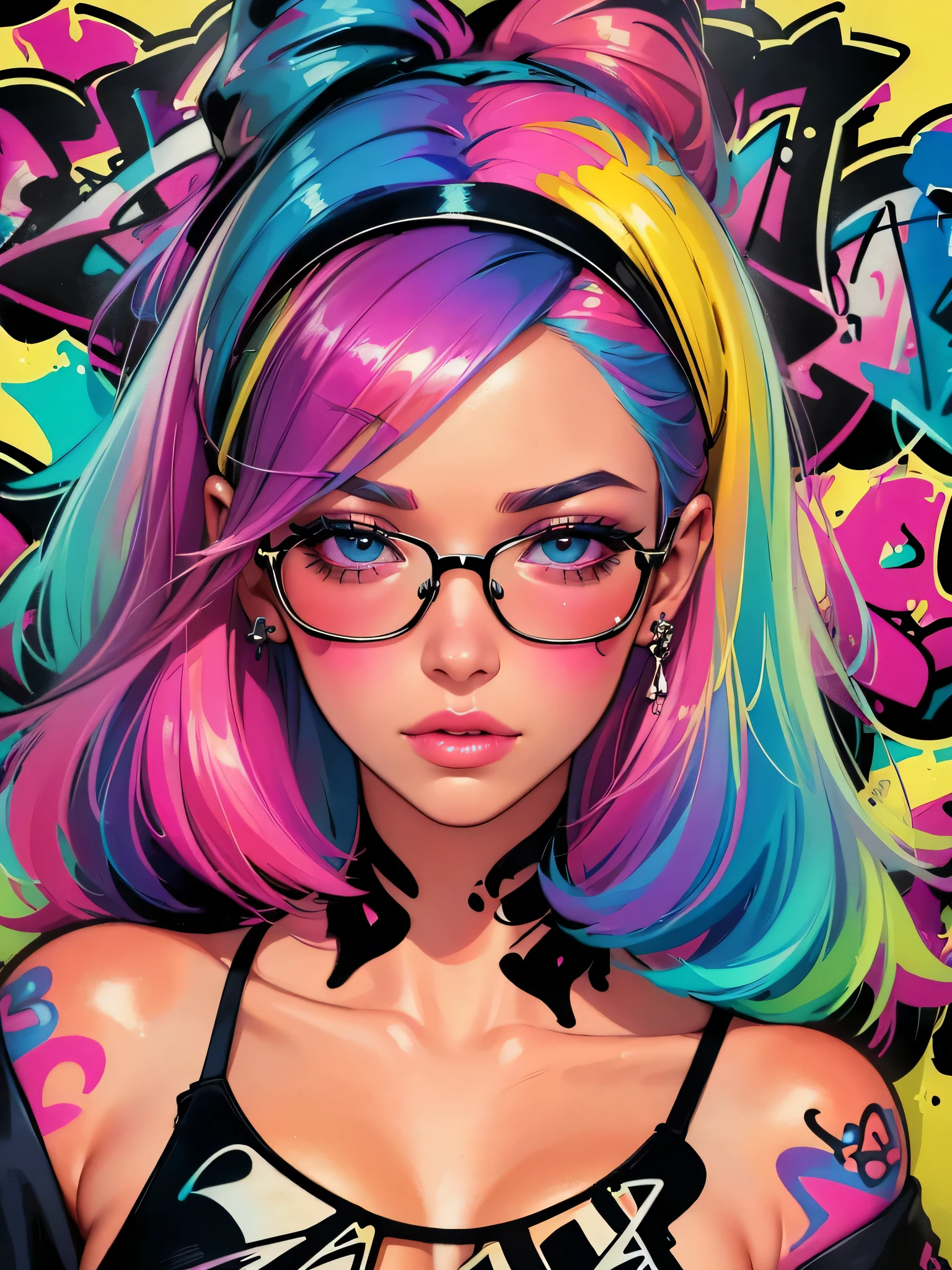watercolor painting, 8K resolution、((highest quality))、((masterpiece))、((Super detailed))、1 female、alone、incredibly absurd、stylish design, cute, lips in love, sexuality, (((the nicest girl))), skull fashion, stylish glasses, Stylish bandana, lips in love、neon、small breasts,、(((graffiti art))), colorful hair