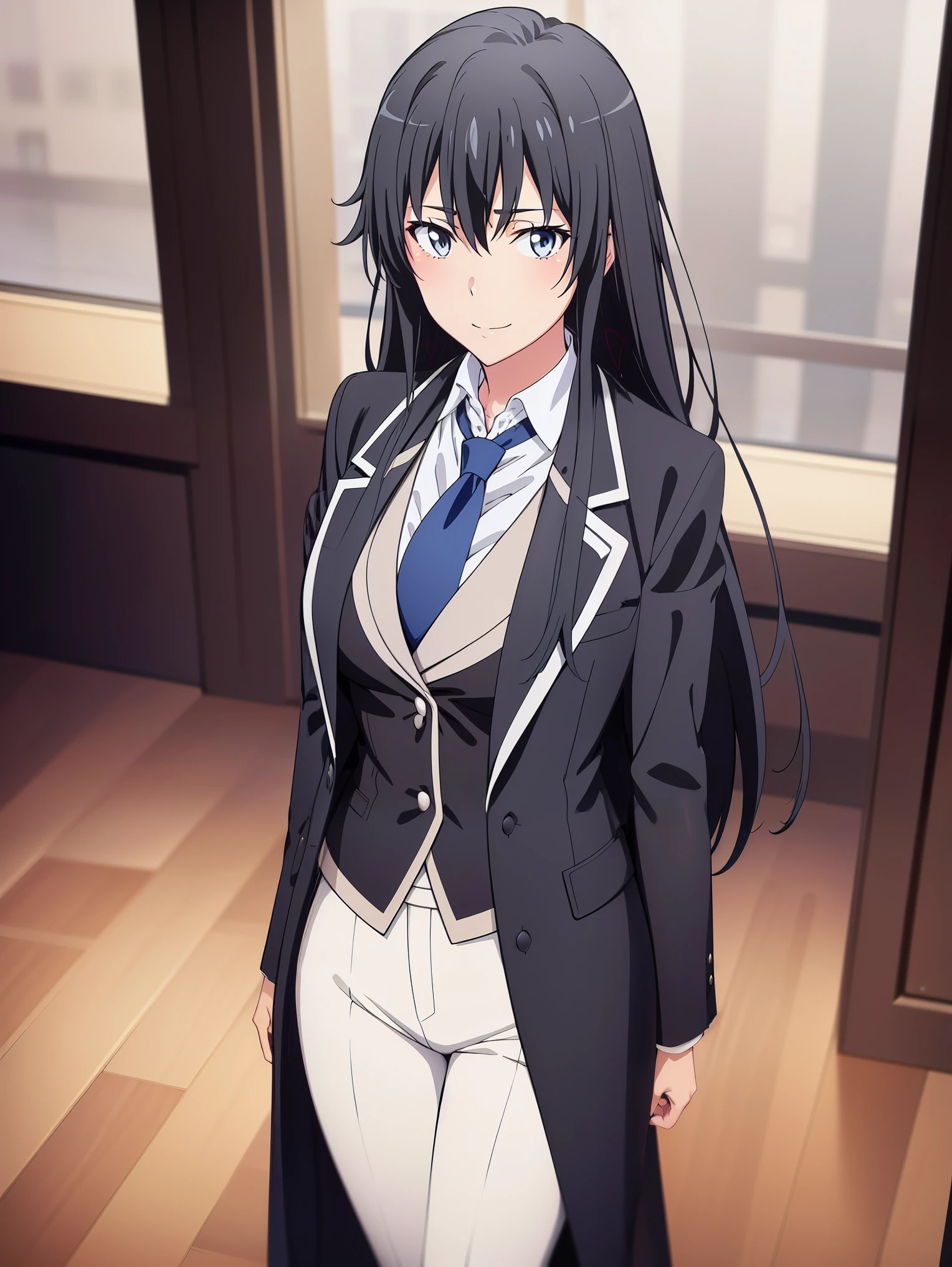 Yukinoshita Yukino ,A woman wearing a formal, attractive coat stands in a large gap in the room , 1girl, Single, blue necktie, Black hair, Blue eyes, long hair, He smiles , Collared shirt, White pants, White shirt , Elegantly designed coat , Stand in front of the window ,Perfectly tailored tailcoat. It has a stunning Victorian design and is made of lustrous fabric
