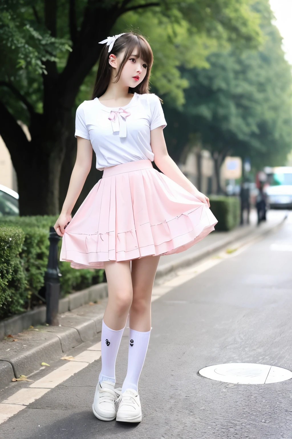 10 to 16 years old,With a petite figure,140cm到160cm,Pink hair is soft,The eyes are large and bright, with a pale pink color,The cute face is full of innocence,Small and delicate nose and mouth,Cat's ears on the head,The ears are white and soft,Fluffy skirt