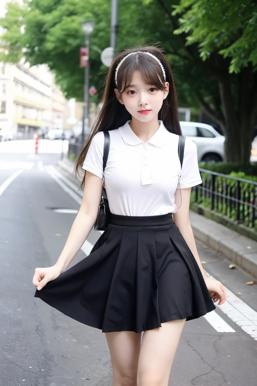 Turning the skirt, girl, young lady, fluttering skirt, whole body, baby face, Lolita, fluttering, skirt swells in the wind and thighs are visible