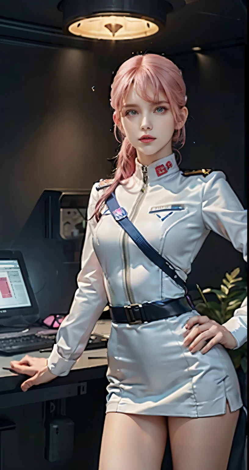 JK woman wearing federal military uniform, miniskirt bare legs、Wearing RR Diner uniform, wearing a space cadet costume, JK uniform, Pilot costume, Frau Bow、Pink Commonwealth Uniform、full uniform, wearing space tech wear, futuristic spaceship crew, white uniform, portrait anime space cadet girl, smooth white tight clothing suit, wearing a human air force jumpsuit, wearing an atompunk jumpsuit, girl in uniform