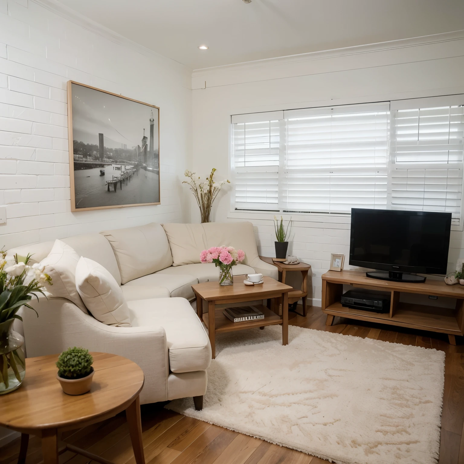 Based on the description, create a living room in a modern style in spring colors. There is a distinctive white decorative brick on the wall. Wooden slats as a decoration. Corner sofa, table with chairs, TV on the wall, living room furniture, decorations and flowers. Realistic photo, photorealism, minimalism