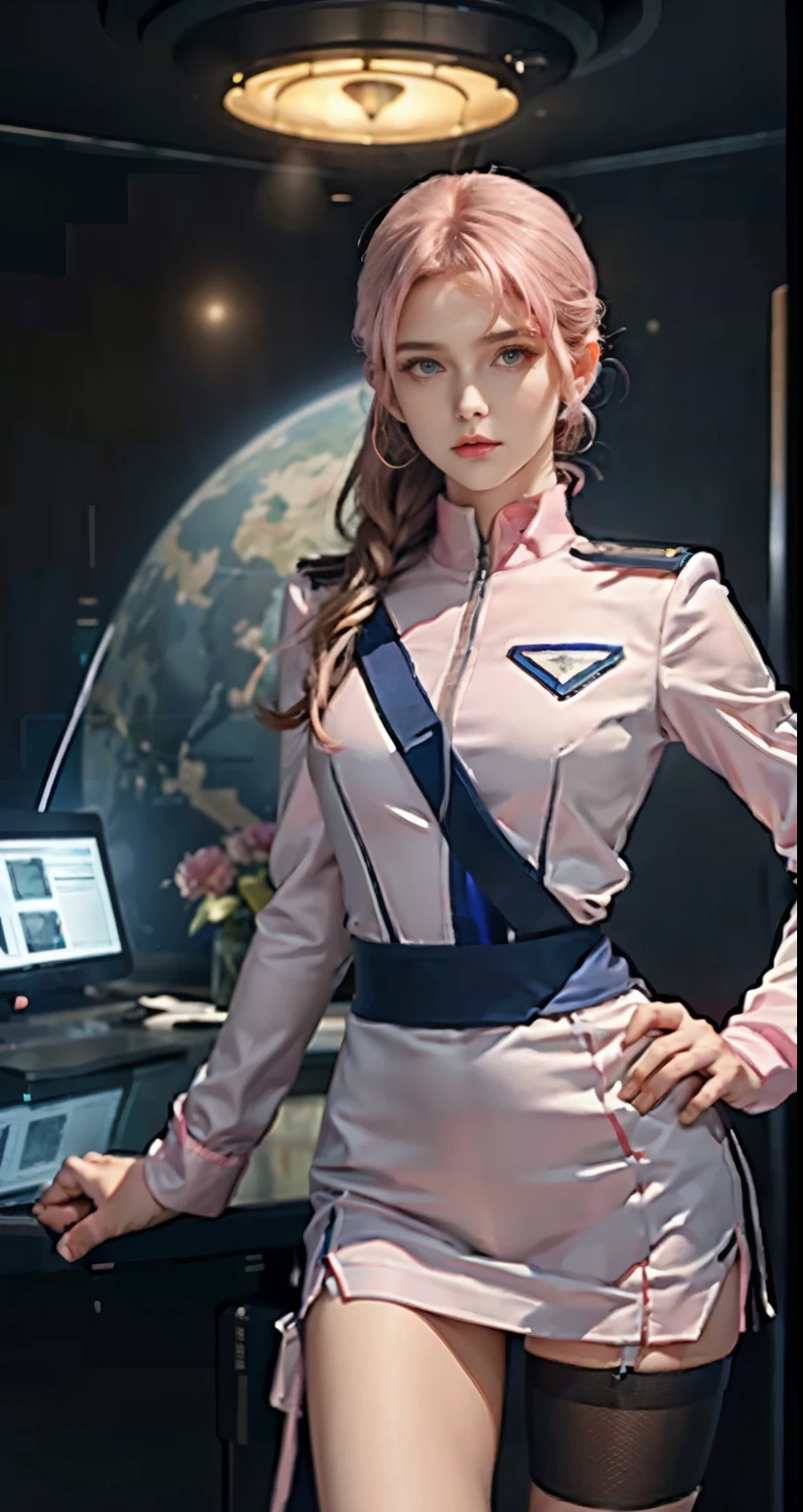 JK woman wearing federal military uniform, miniskirt bare legs、Wearing RR Diner uniform, wearing a space cadet costume, JK uniform, Pilot costume, Frau Bow、Pink Commonwealth Uniform、full uniform, wearing space tech wear, futuristic spaceship crew, white uniform, portrait anime space cadet girl, smooth white tight clothing suit, wearing a human air force jumpsuit, wearing an atompunk jumpsuit, girl in uniform