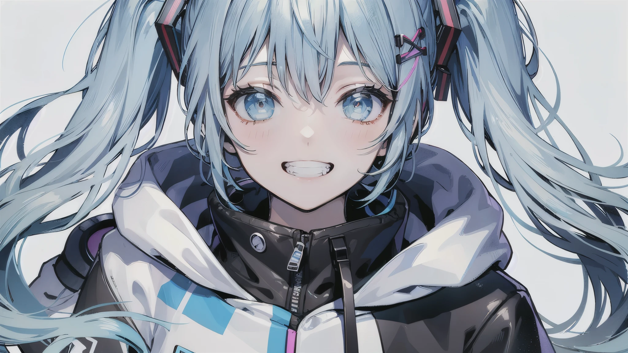 (((no background))),masterpiece, high quality, High resolution,hatsune miku,twin tails,Super detailed, 8k, 1 girl,A big smile,grin eyes,body whole,dynamic pose,platinum gray hair, blue hair, colorful hair, gradient hair, looking at the viewer, colorful eyes, colorful hoodie,(close:1.2),from behind