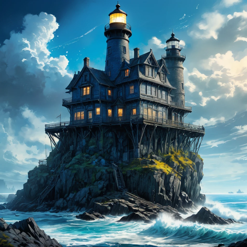 (aesthetic,extremely detailed,ink drawing)(lighthouse,lighthouse on an island),(blue ink ocean)(Daniel Merriam,by john blanche,M. C. Esher,frostpunk),(dirty ink), (black ink) (best quality,4k,8k,highres,masterpiece:1.2),ultra-detailed,(realistic,photorealistic,photo-realistic:1.37),HDR,UHD,studio lighting,ultra-fine painting,sharp focus,physically-based rendering,extreme detail description,professional,vivid colors,bokeh (portraits,landscape,horror,anime,sci-fi,photography,concept artists),(colorful tones),(soft lighting)